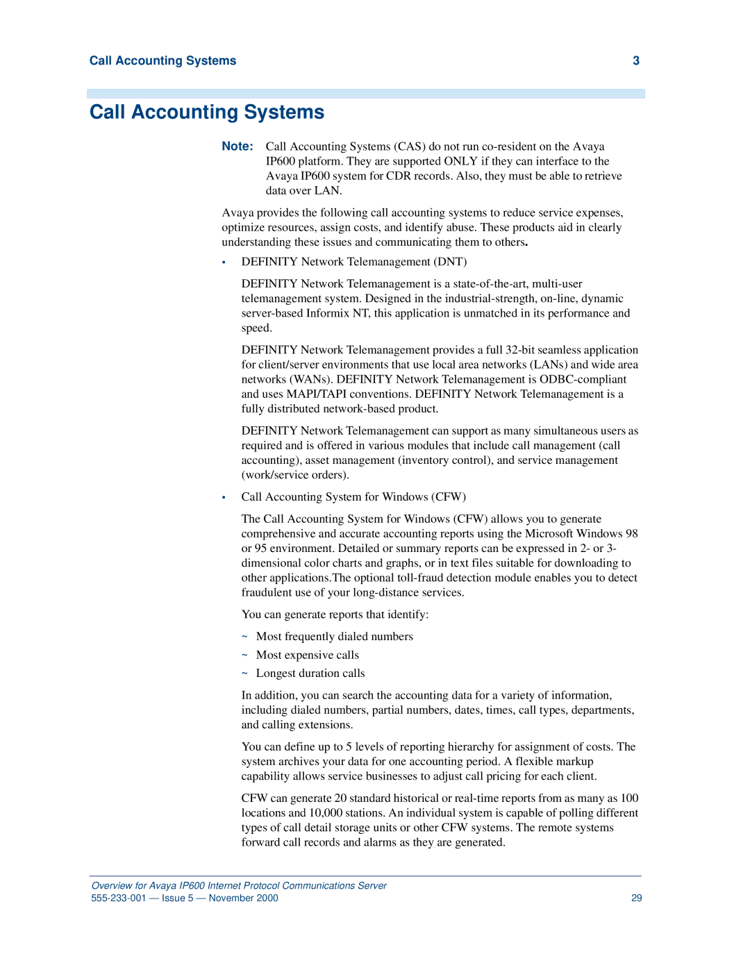 Avaya IP600 manual Call Accounting Systems 