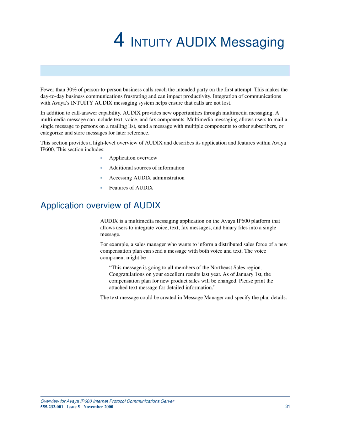 Avaya IP600 manual Intuity Audix Messaging, Application overview of Audix 