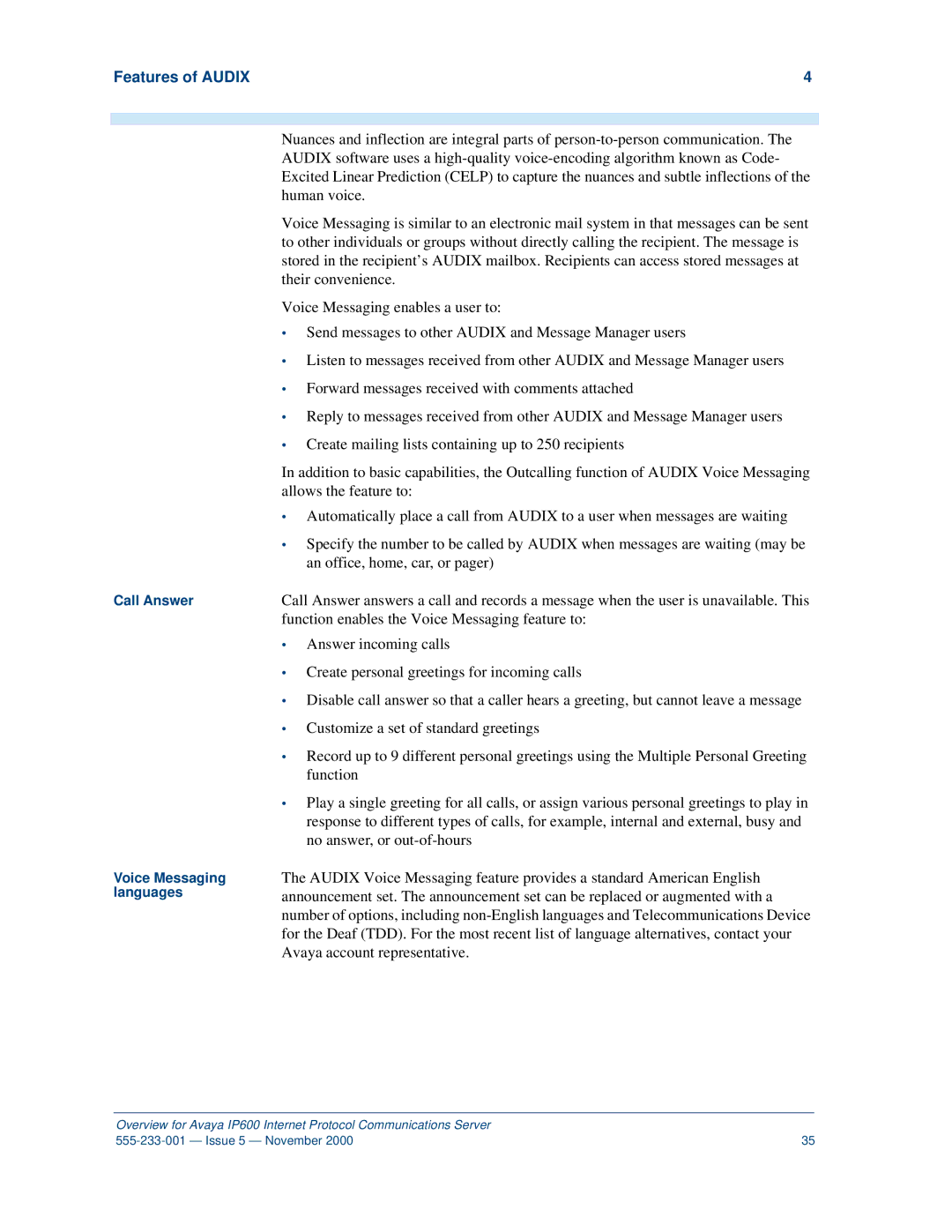 Avaya IP600 manual Call Answer Voice Messaging languages 