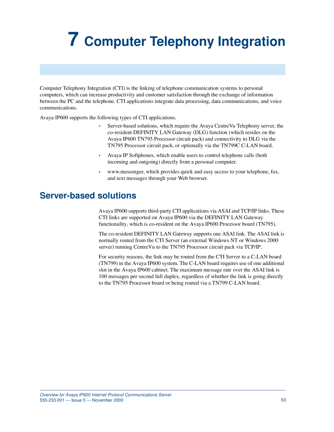 Avaya IP600 manual Computer Telephony Integration, Server-based solutions 