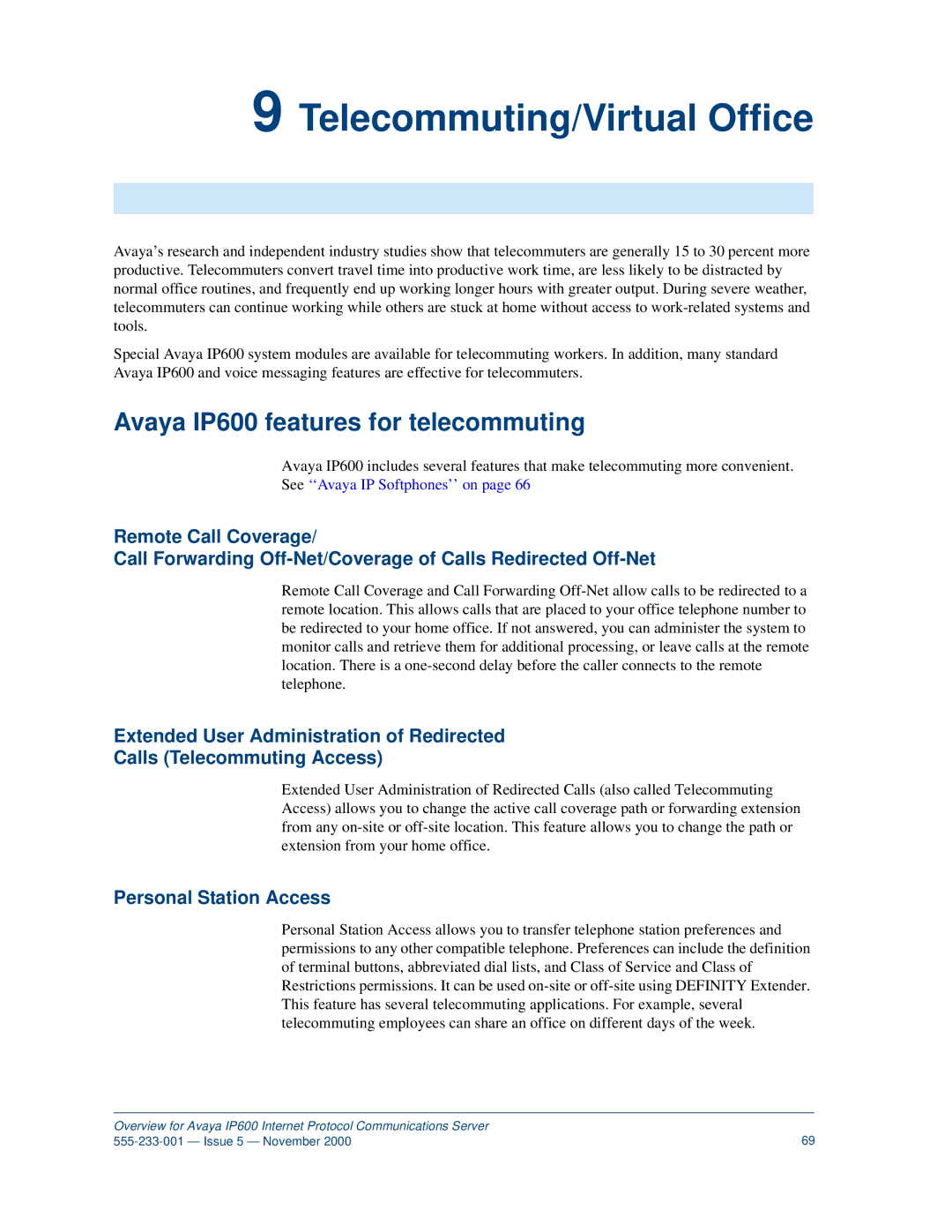 Avaya manual Telecommuting/Virtual Office, Avaya IP600 features for telecommuting, Personal Station Access 