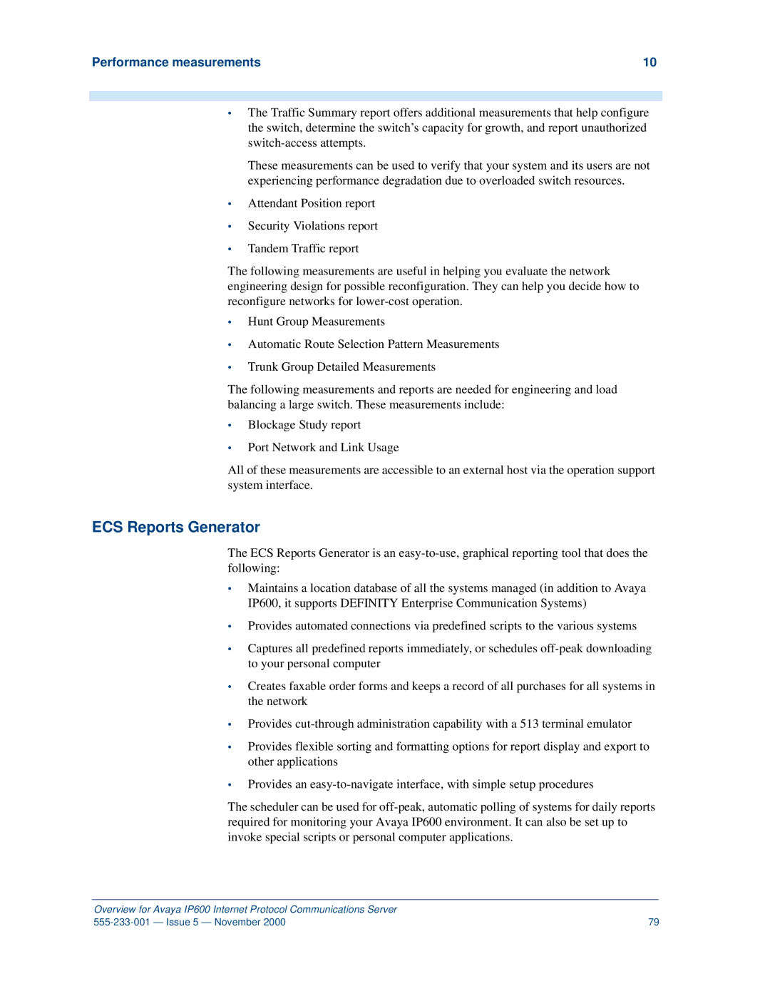 Avaya IP600 manual ECS Reports Generator, Performance measurements 