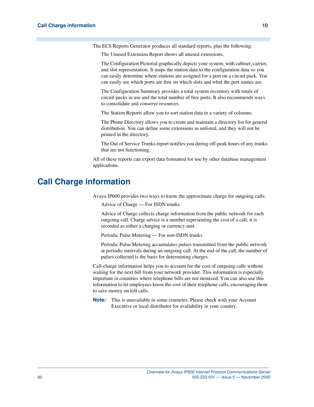 Avaya IP600 manual Call Charge information 