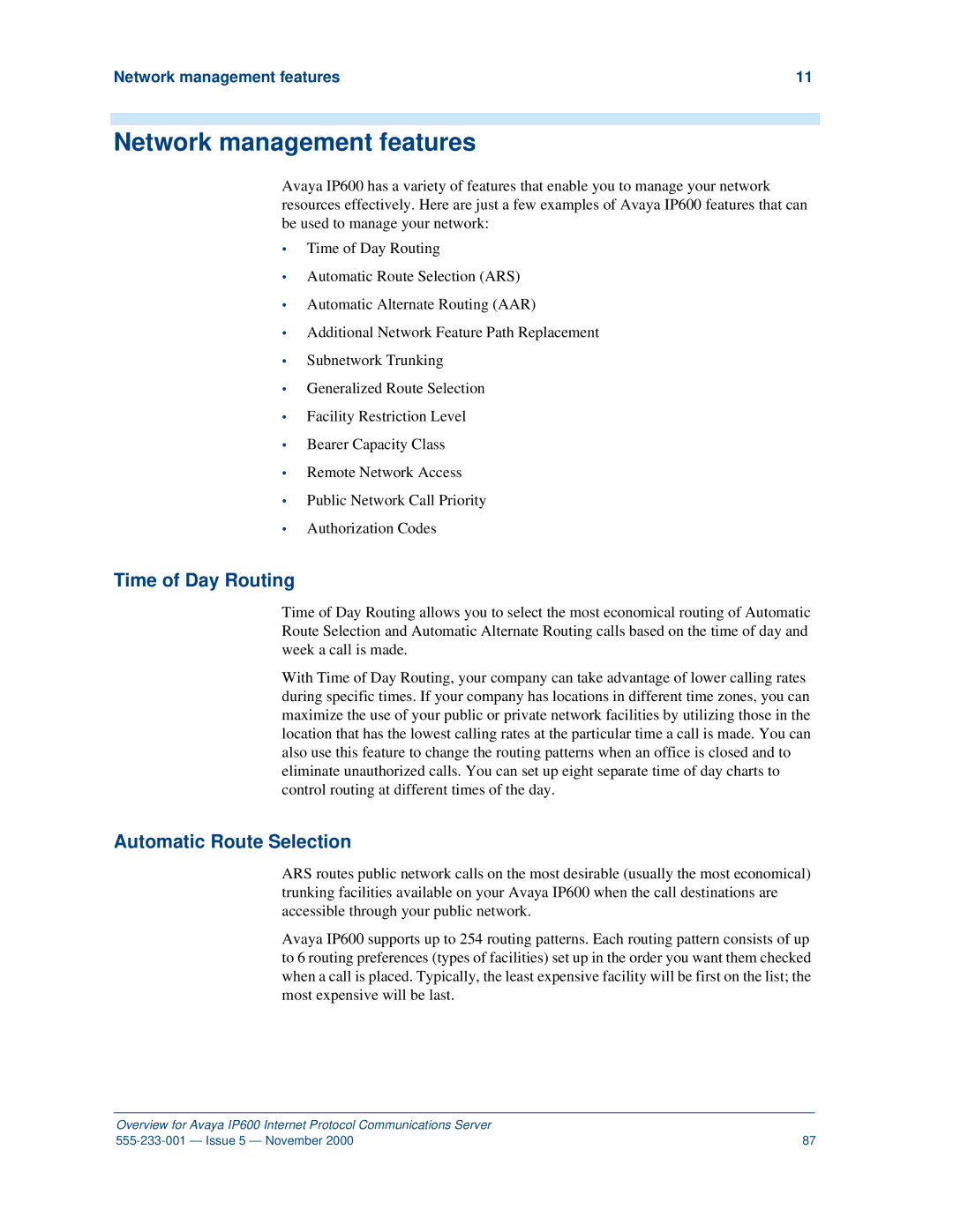 Avaya IP600 manual Network management features, Time of Day Routing, Automatic Route Selection 