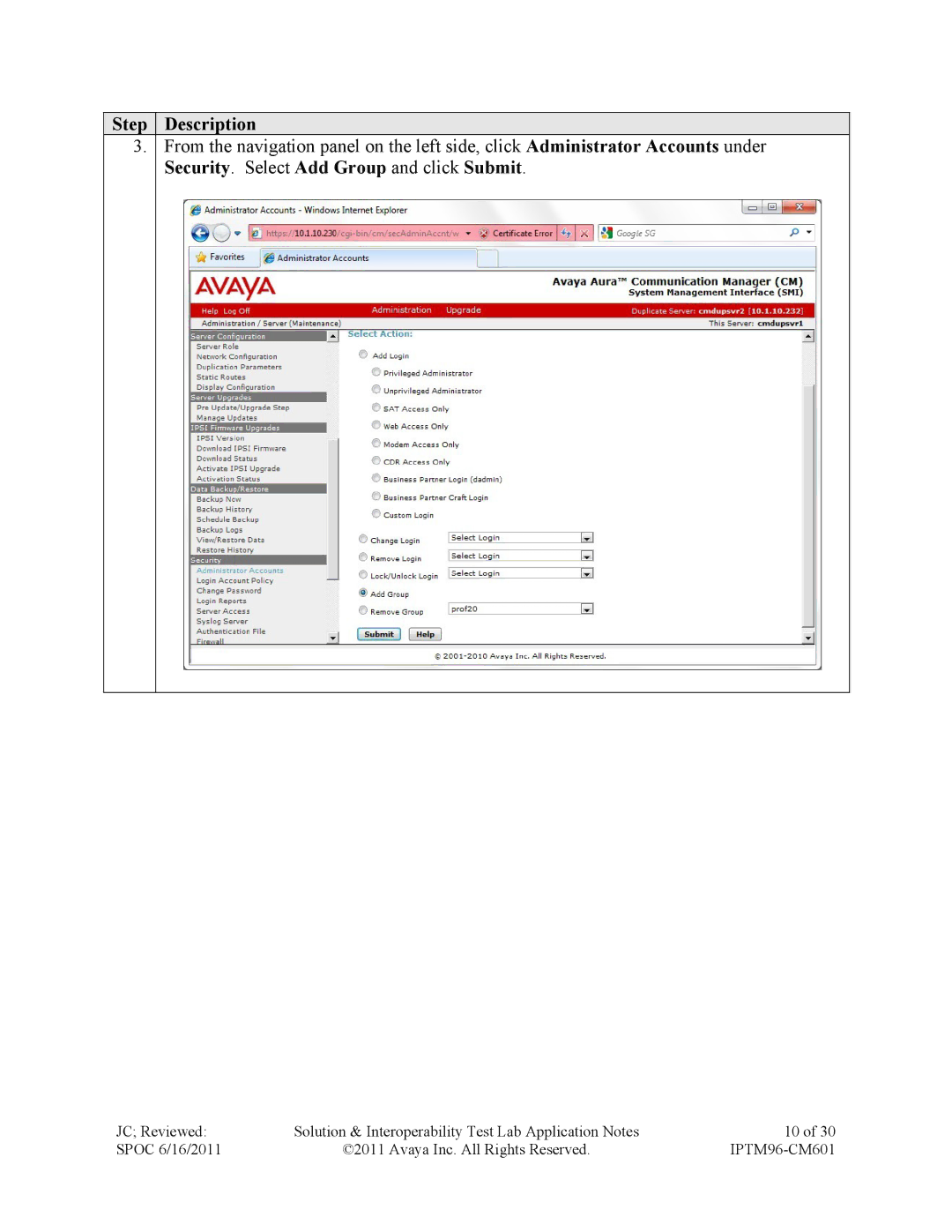 Avaya IPTM96-CM601 manual Step Description 