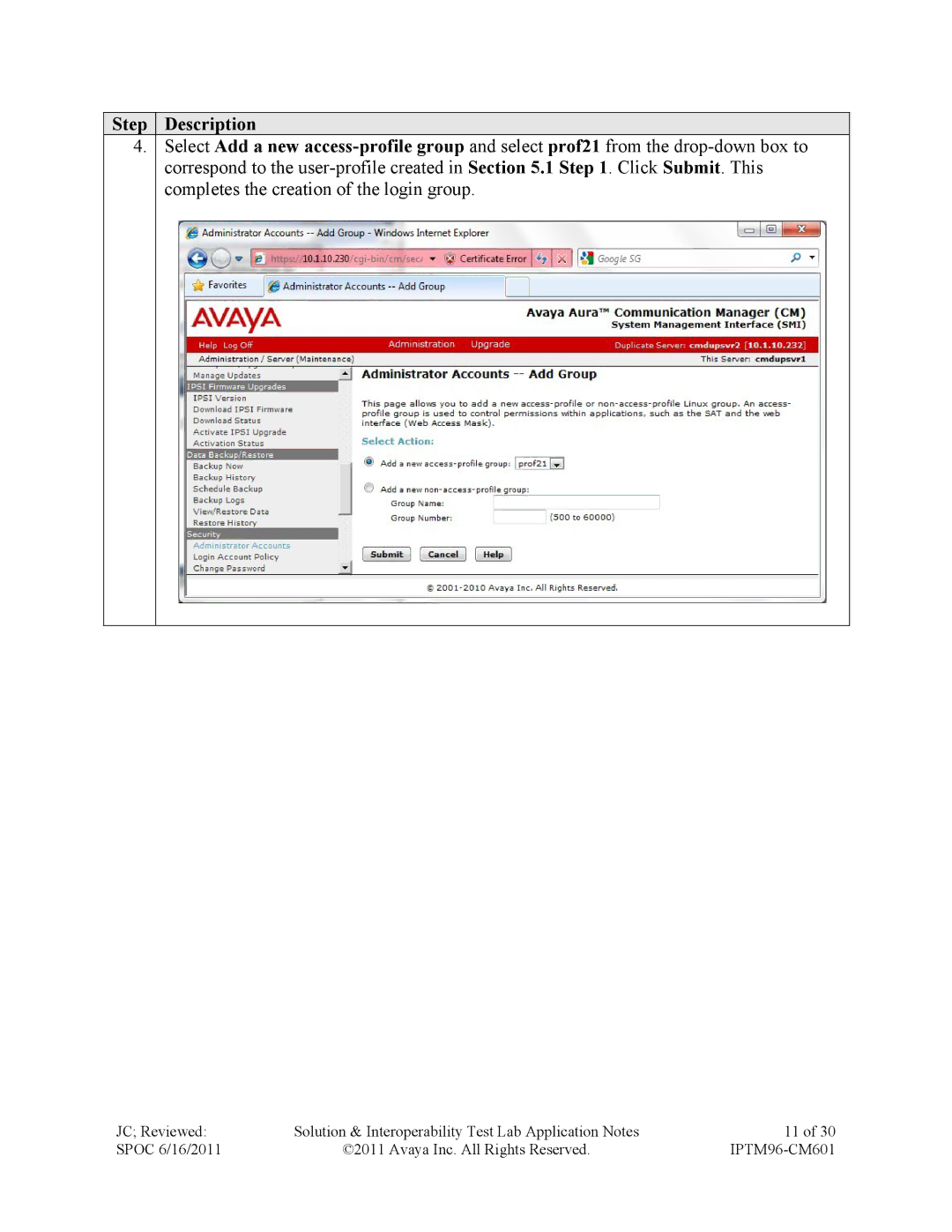 Avaya IPTM96-CM601 manual Step Description 