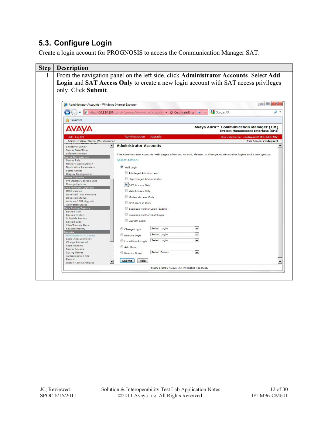 Avaya IPTM96-CM601 manual Configure Login 