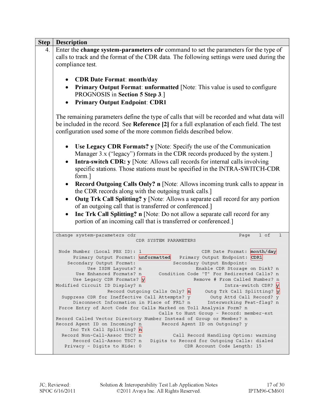 Avaya IPTM96-CM601 manual ∙ CDR Date Format month/day, ∙ Primary Output Endpoint CDR1 