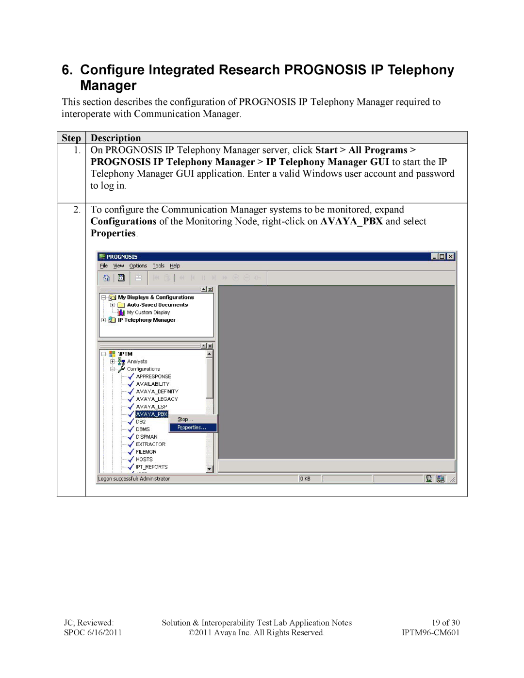 Avaya IPTM96-CM601 manual Configure Integrated Research Prognosis IP Telephony Manager 