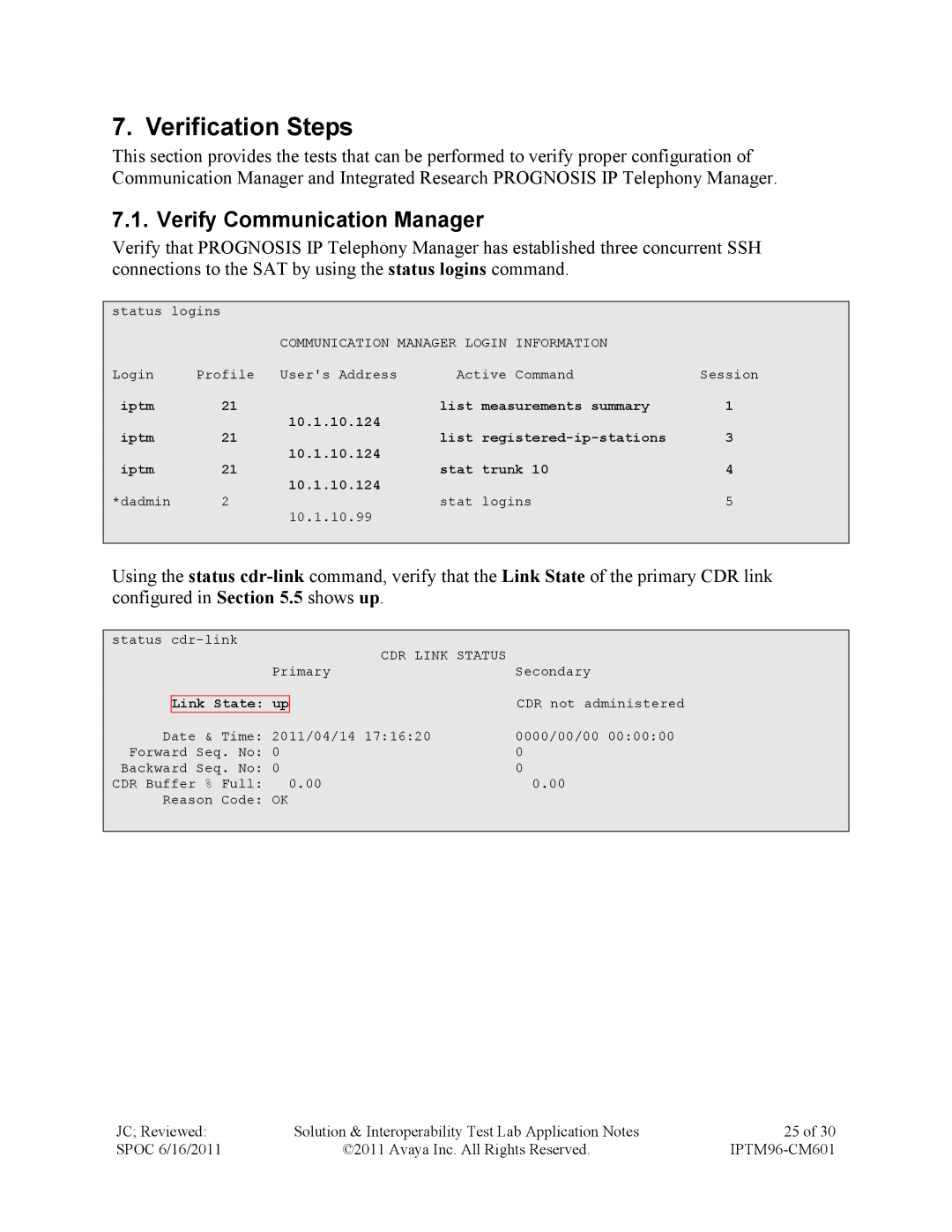 Avaya IPTM96-CM601 manual Verification Steps, Verify Communication Manager 