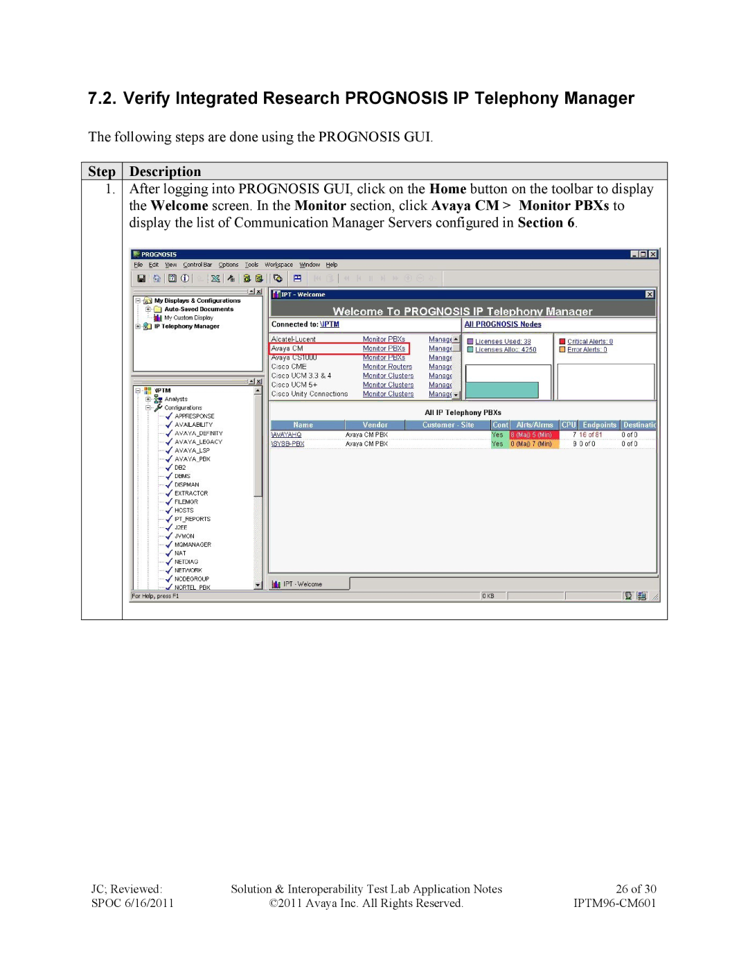 Avaya IPTM96-CM601 manual Verify Integrated Research Prognosis IP Telephony Manager 