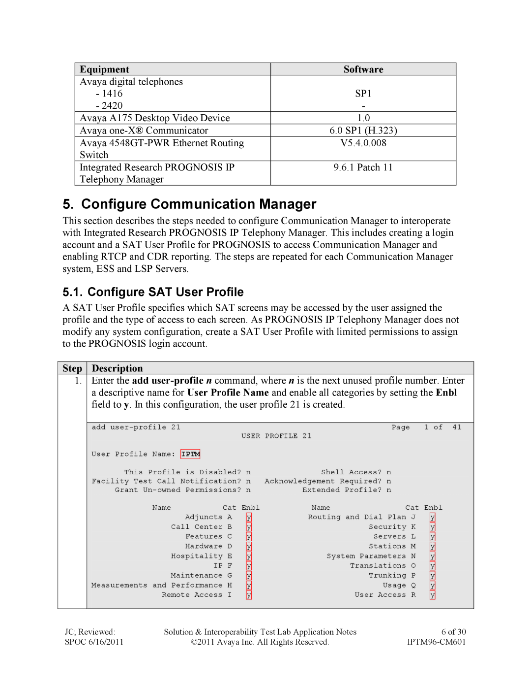 Avaya IPTM96-CM601 manual Configure Communication Manager, Configure SAT User Profile, Step Description 