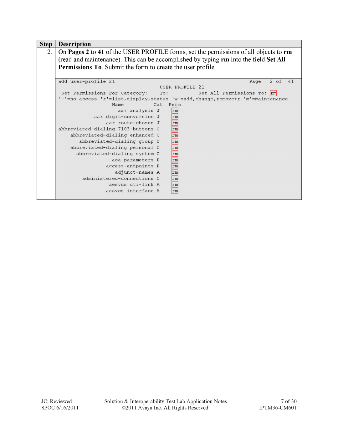 Avaya IPTM96-CM601 manual Permissions To. Submit the form to create the user profile 