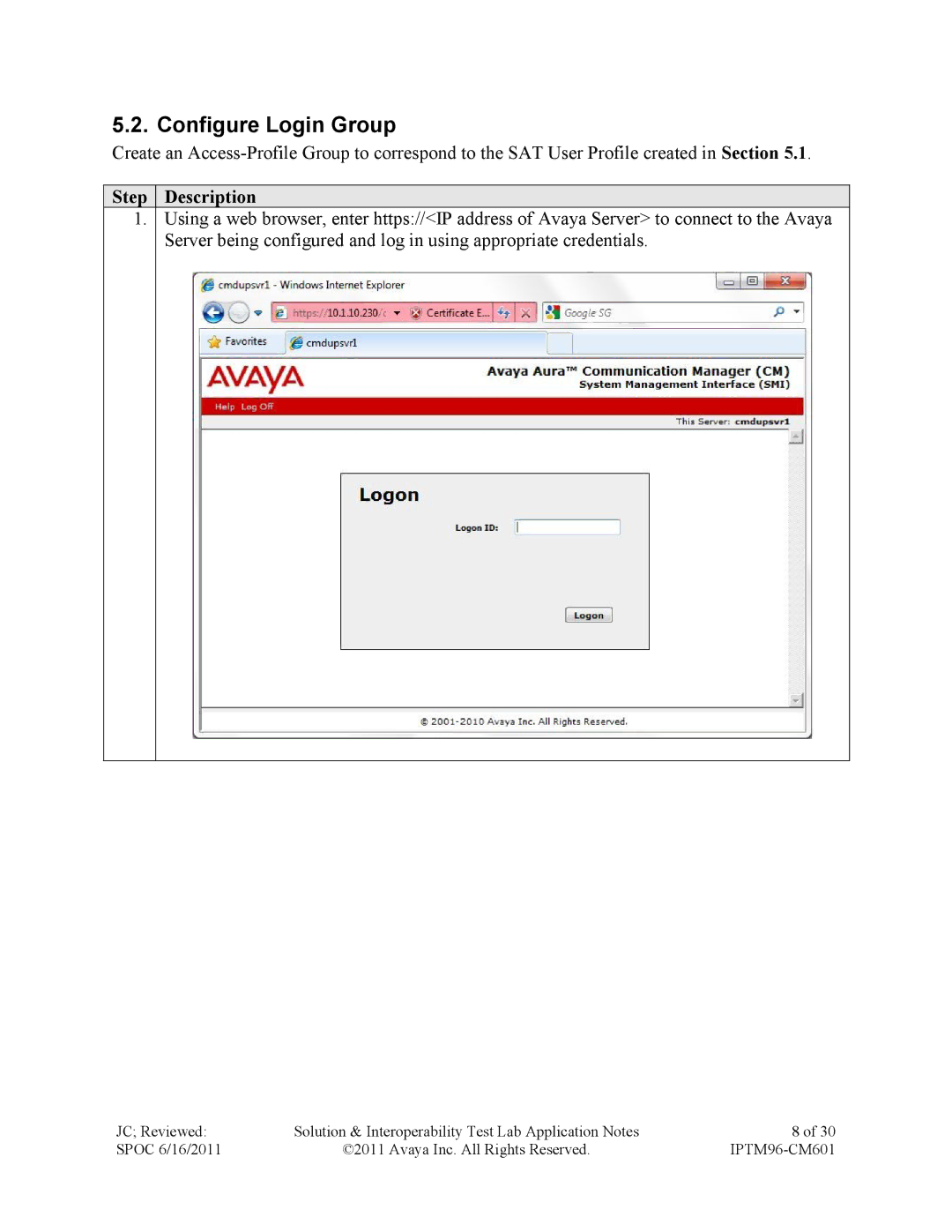 Avaya IPTM96-CM601 manual Configure Login Group 