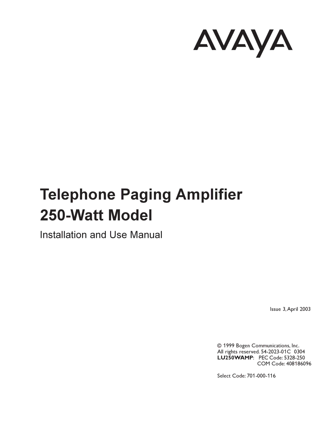 Avaya LU250WAMP manual Telephone Paging Amplifier 250-Watt Model 