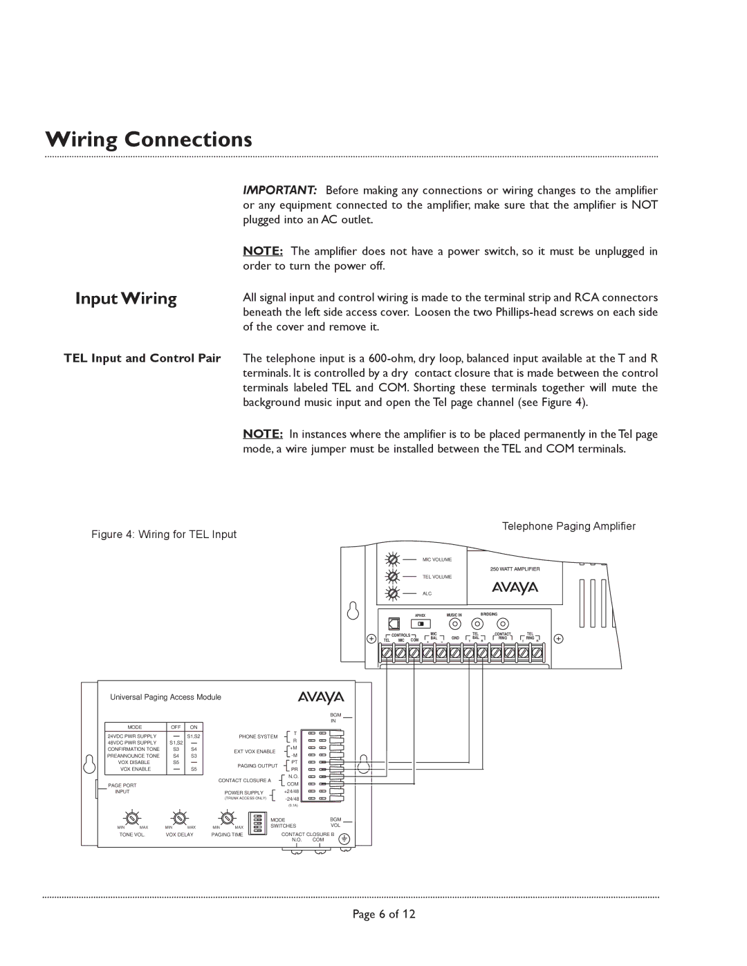 Avaya LU250WAMP manual Wiring Connections, Input Wiring 