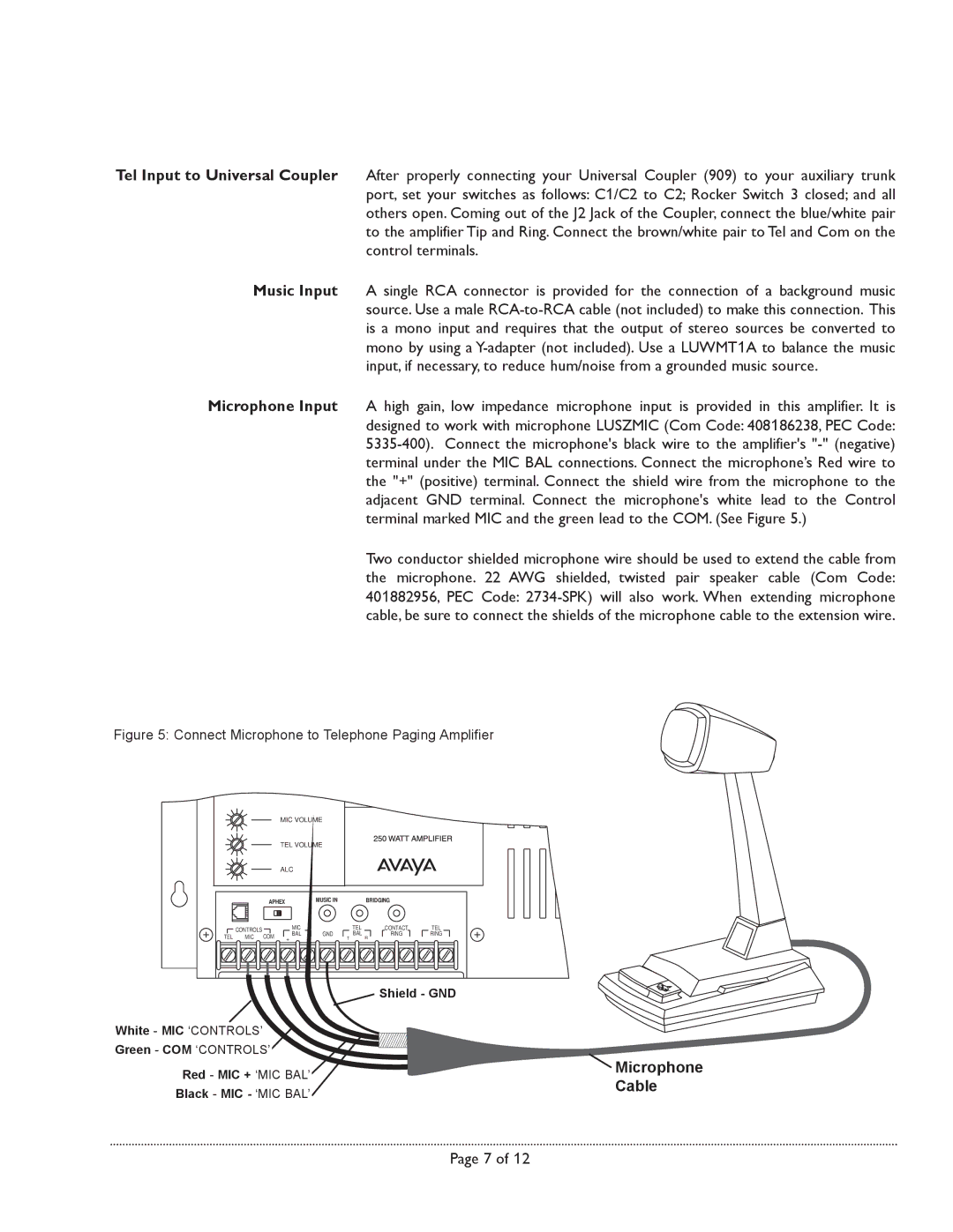 Avaya LU250WAMP manual Microphone Cable 