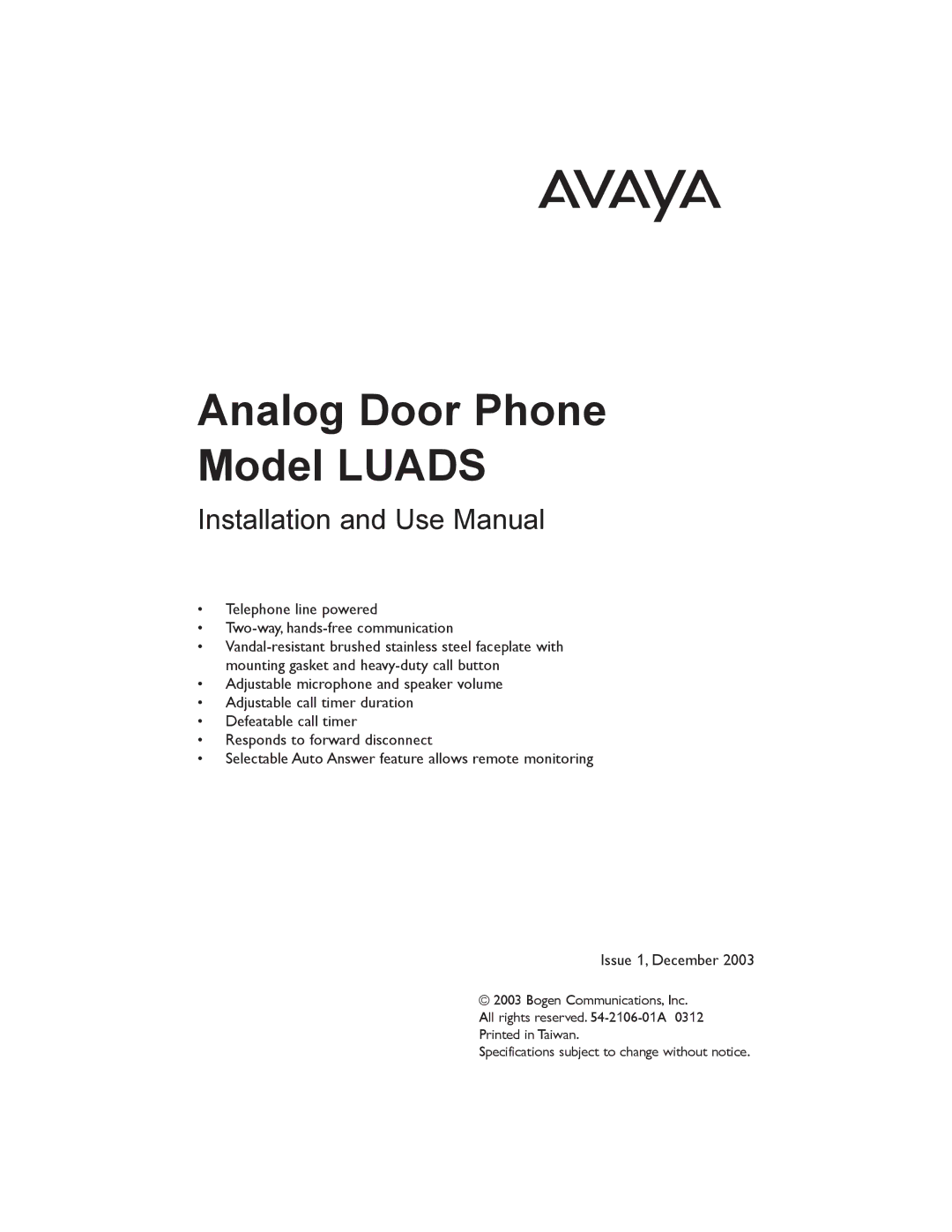 Avaya LUADS specifications Analog Door Phone Model Luads 