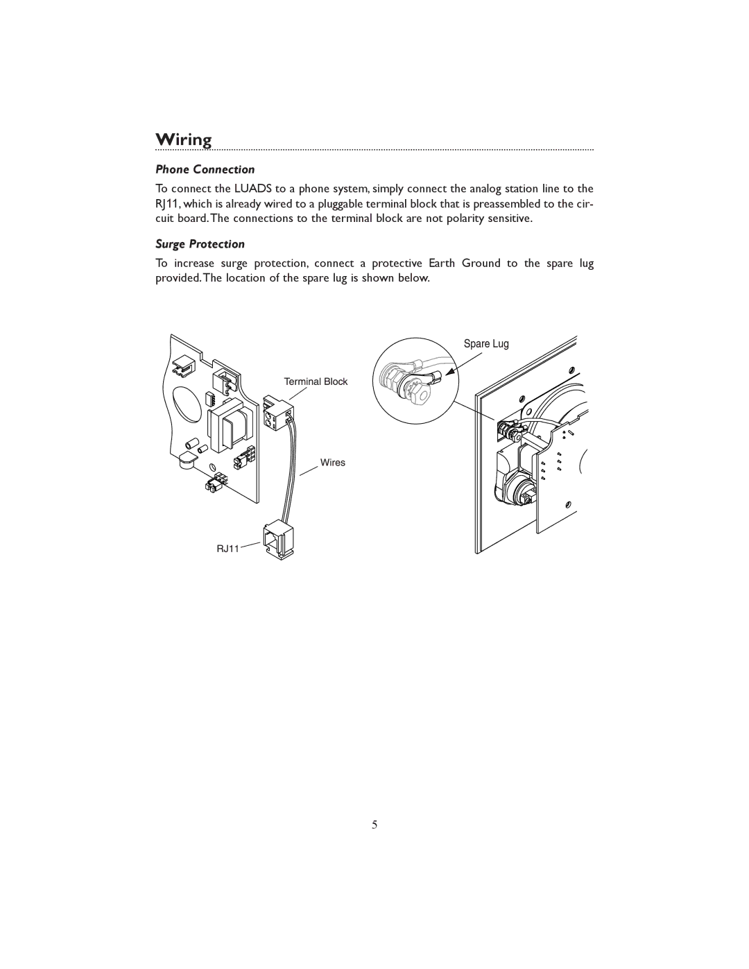 Avaya Analog Door Phone, LUADS specifications Wiring, Phone Connection, Surge Protection 