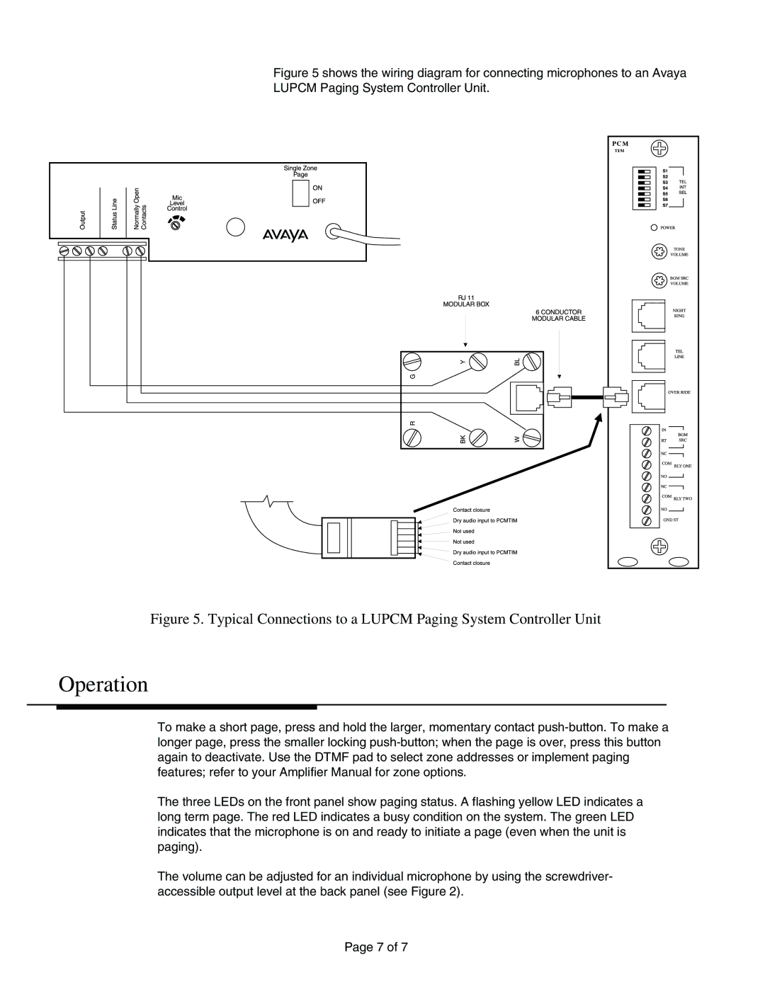 Avaya LUMULZMIC manual Operation, Typical Connections to a Lupcm Paging System Controller Unit 