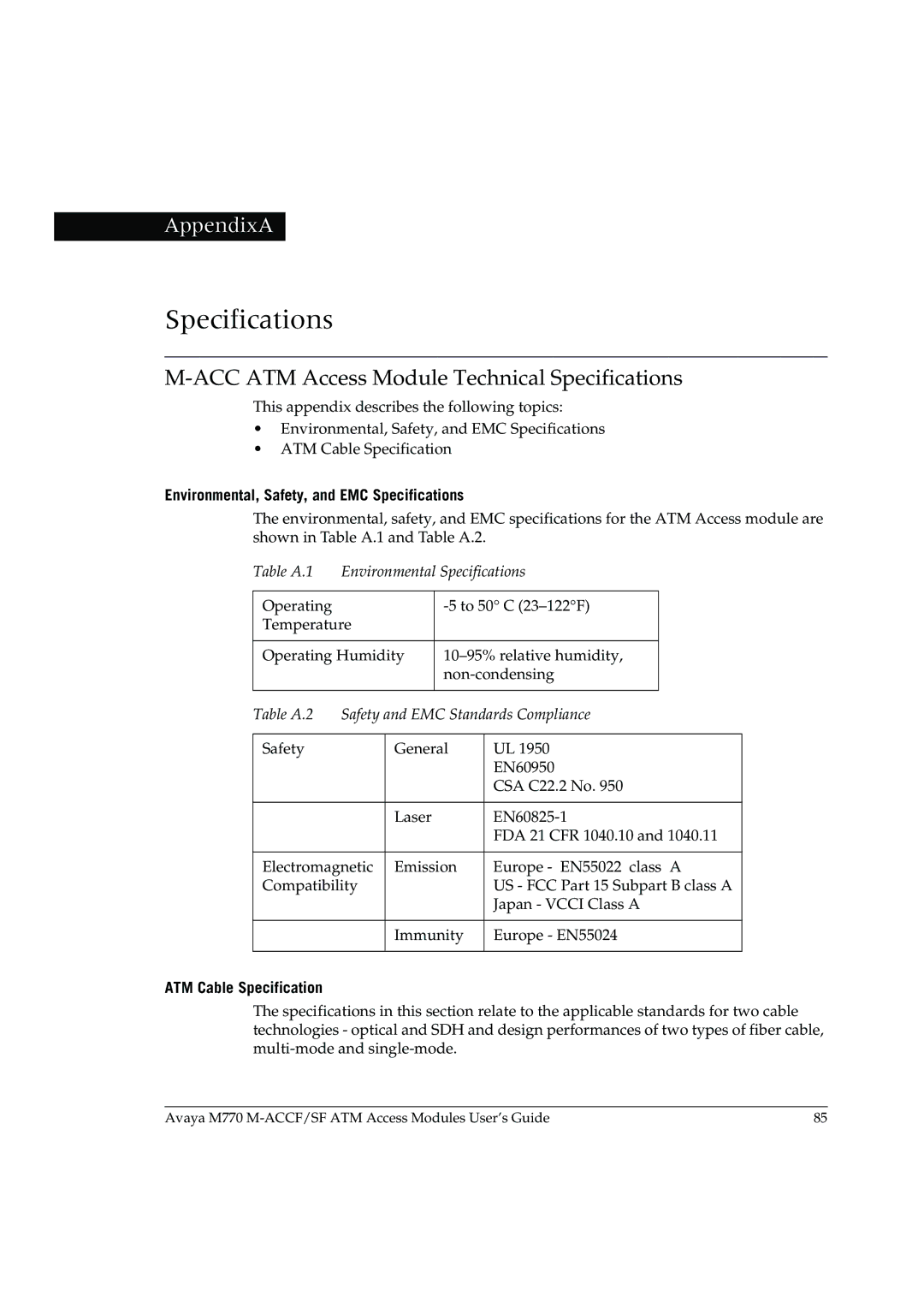 Avaya M-ACCF/SF manual ACC ATM Access Module Technical Specifications, Environmental, Safety, and EMC Specifications 