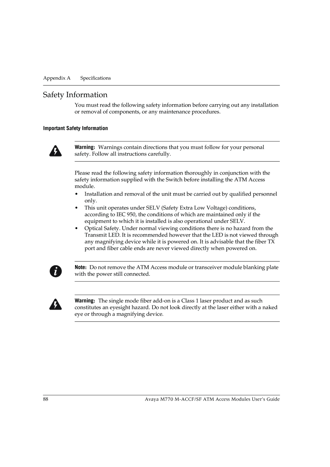 Avaya M-ACCF/SF manual Important Safety Information 