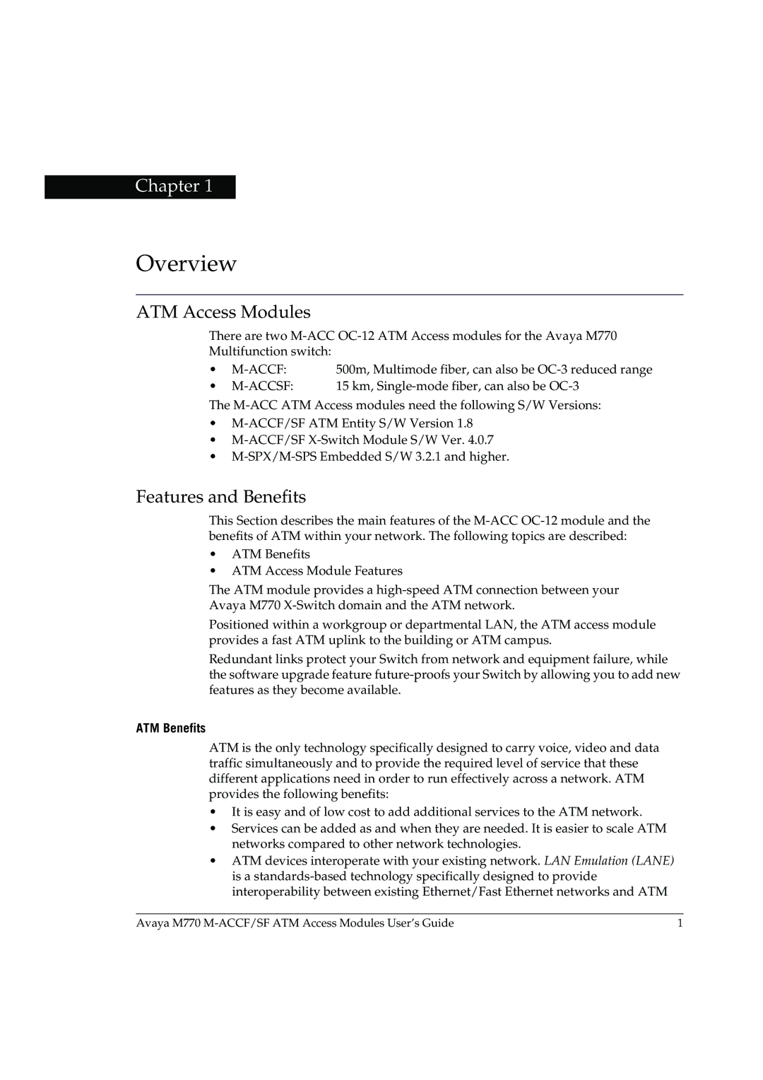 Avaya M-ACCF/SF manual Overview, ATM Access Modules, Features and Benefits, ATM Benefits 