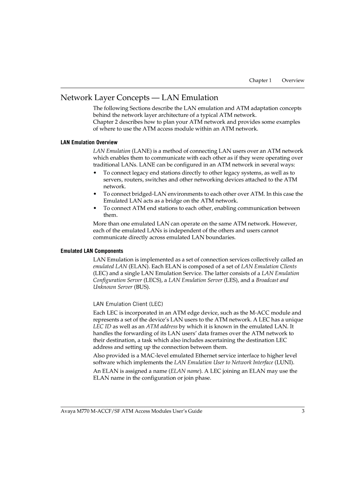 Avaya M-ACCF/SF manual Network Layer Concepts LAN Emulation, LAN Emulation Overview, Emulated LAN Components 