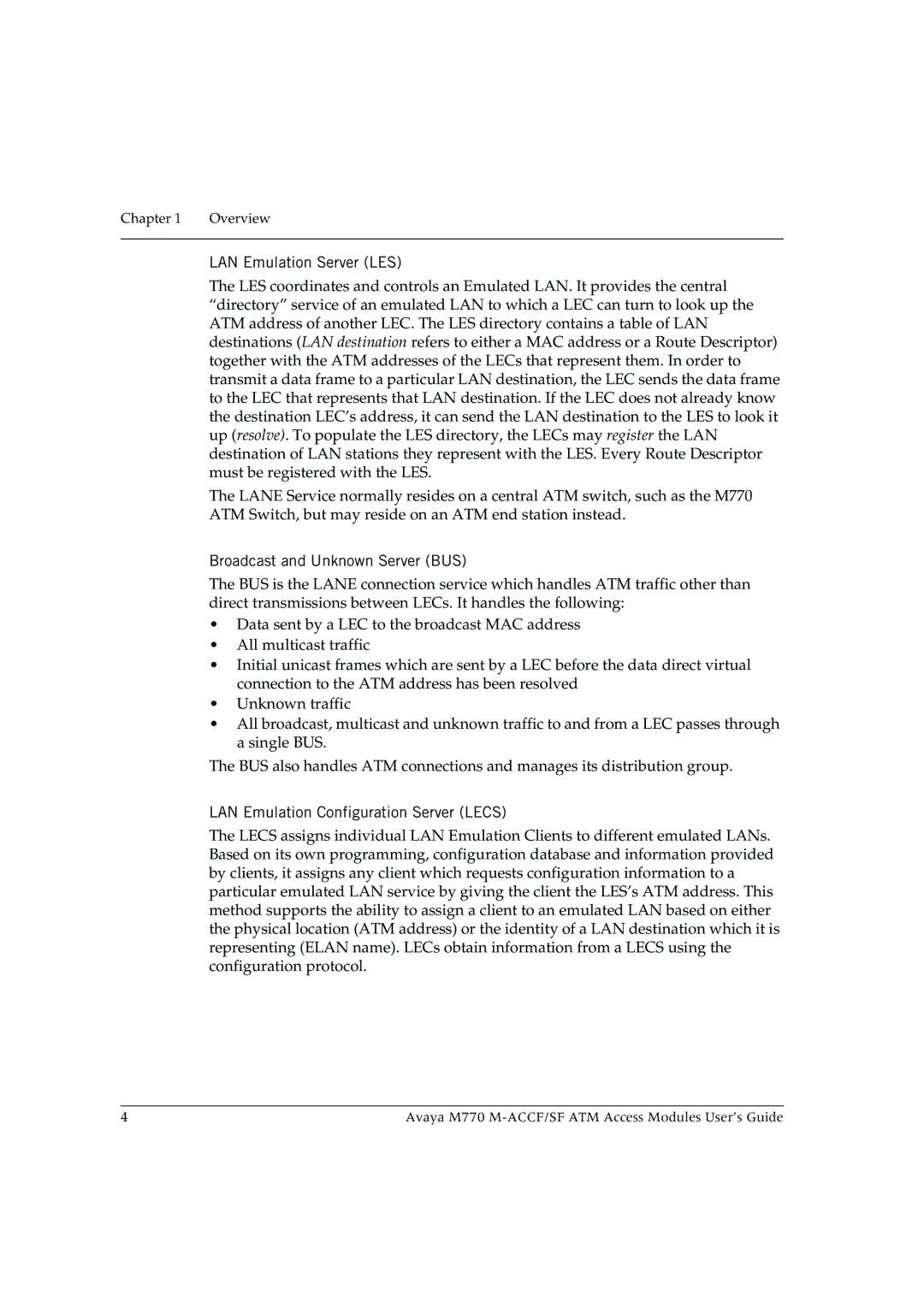 Avaya M-ACCF/SF manual LAN Emulation Server LES, Broadcast and Unknown Server BUS, LAN Emulation Configuration Server Lecs 