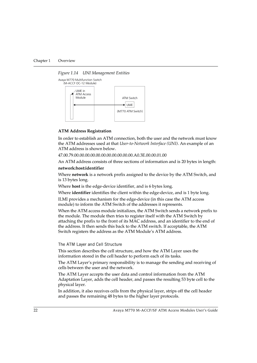 Avaya M-ACCF/SF manual ATM Address Registration, Networkhostidentifier, ATM Layer and Cell Structure 