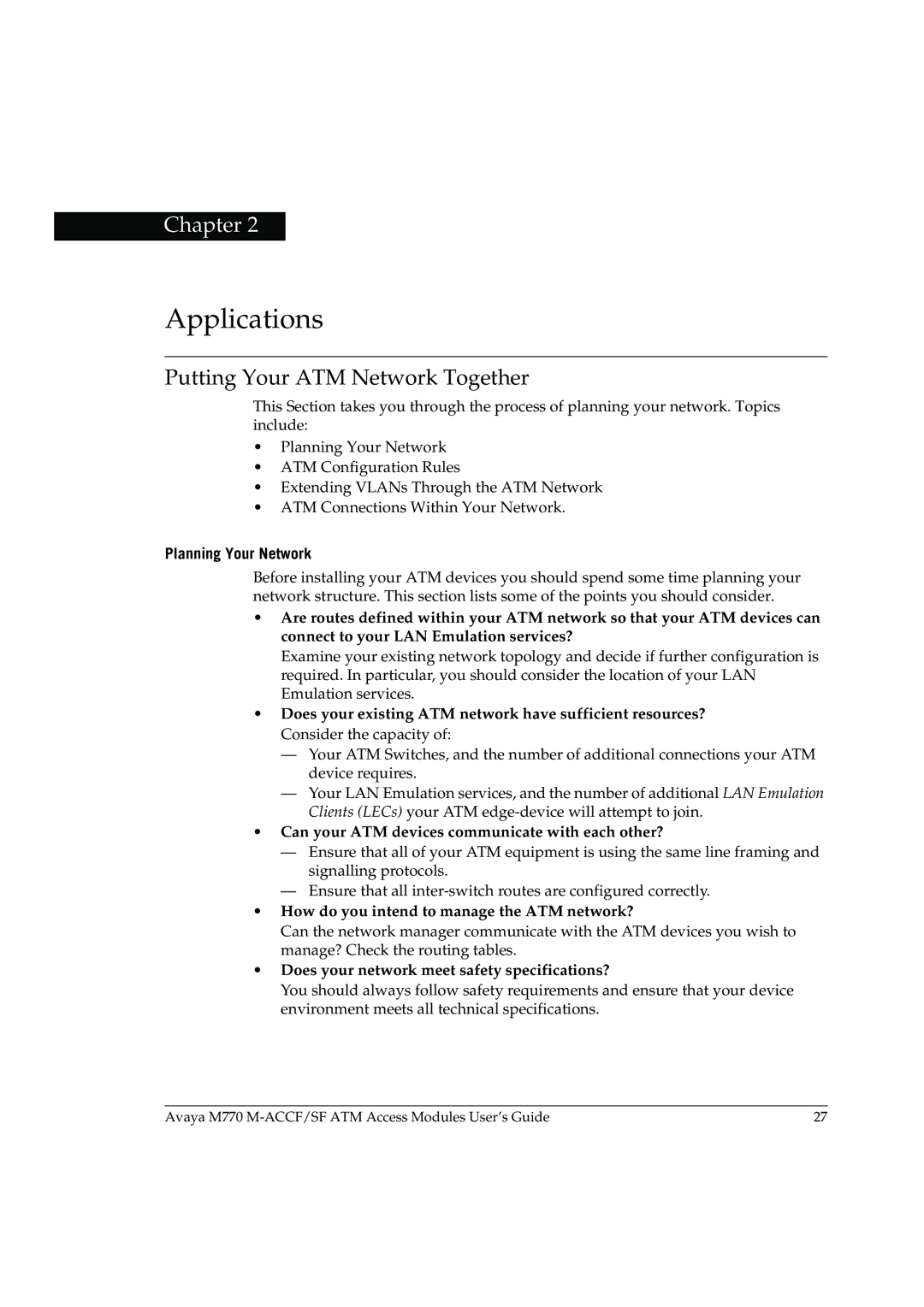 Avaya M-ACCF/SF manual Applications, Putting Your ATM Network Together, Planning Your Network 