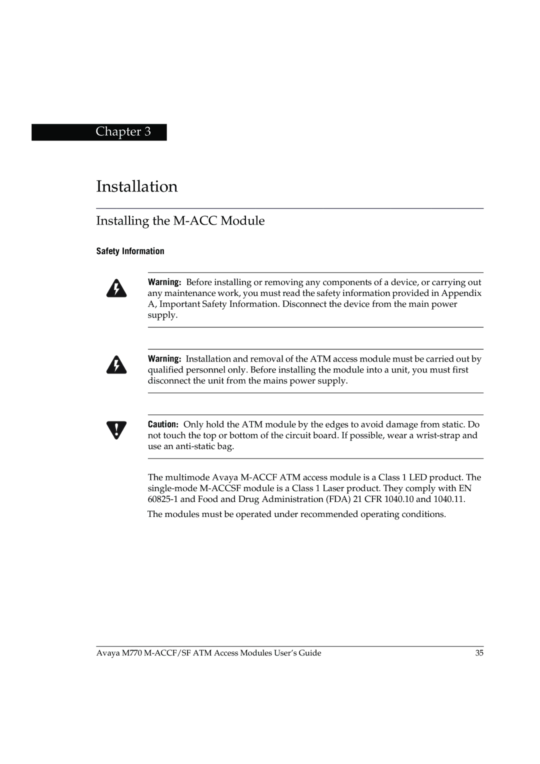 Avaya M-ACCF/SF manual Installation, Installing the M-ACC Module, Safety Information 