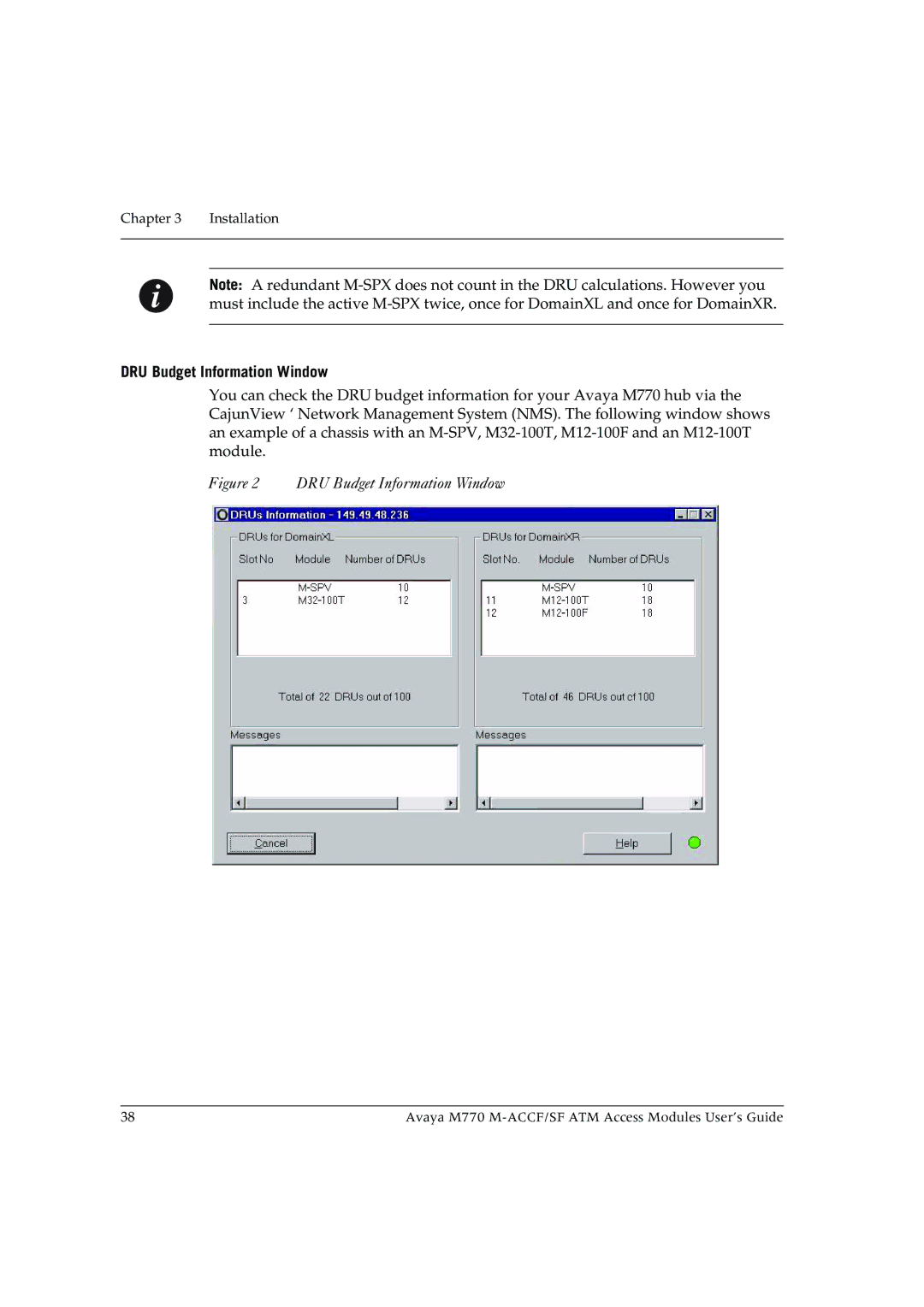 Avaya M-ACCF/SF manual DRU Budget Information Window 