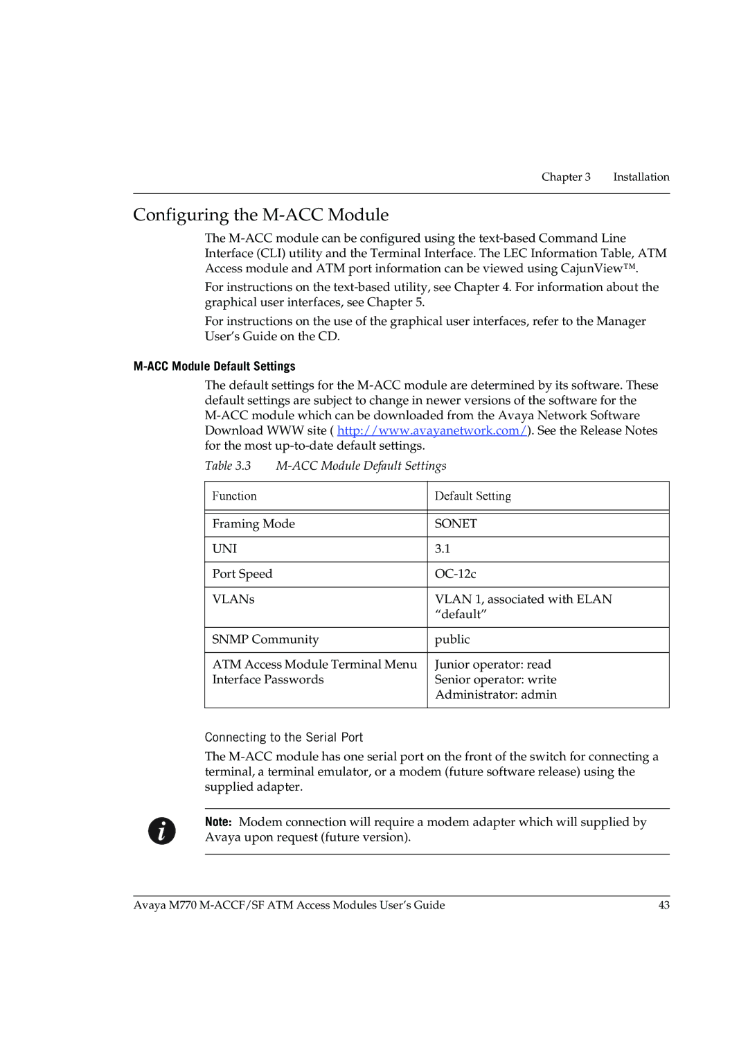 Avaya M-ACCF/SF manual Configuring the M-ACC Module, M-ACC Module Default Settings, Connecting to the Serial Port 