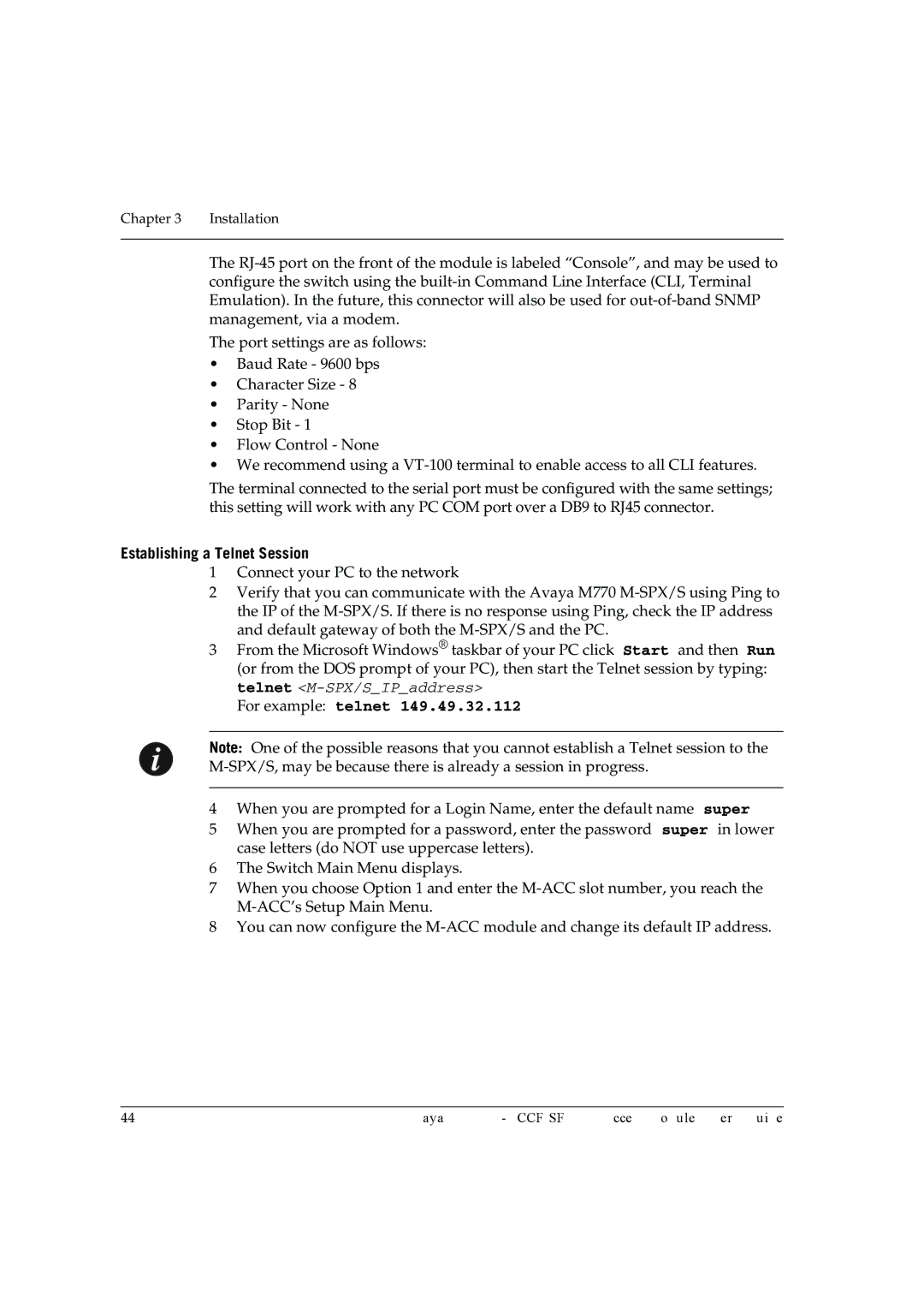 Avaya M-ACCF/SF manual Establishing a Telnet Session, For example telnet 