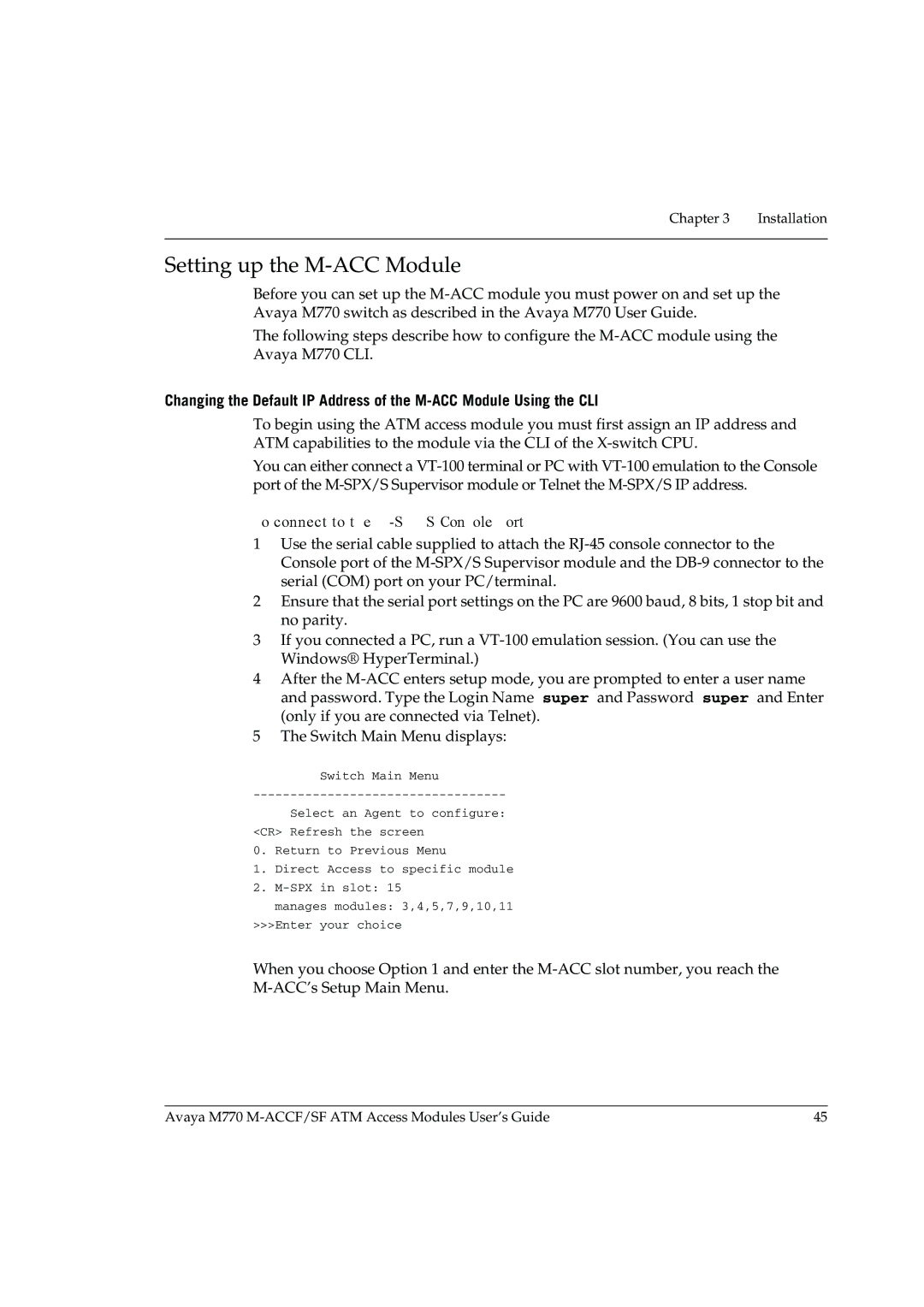 Avaya M-ACCF/SF manual Setting up the M-ACC Module, To connect to the M-SPX/S Console port 