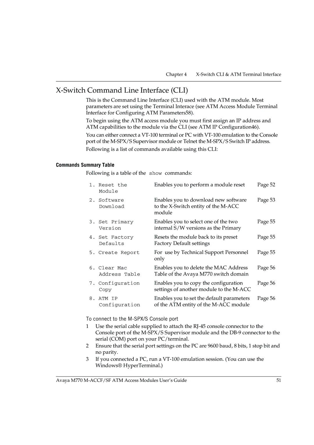 Avaya M-ACCF/SF manual Switch Command Line Interface CLI, Commands Summary Table 