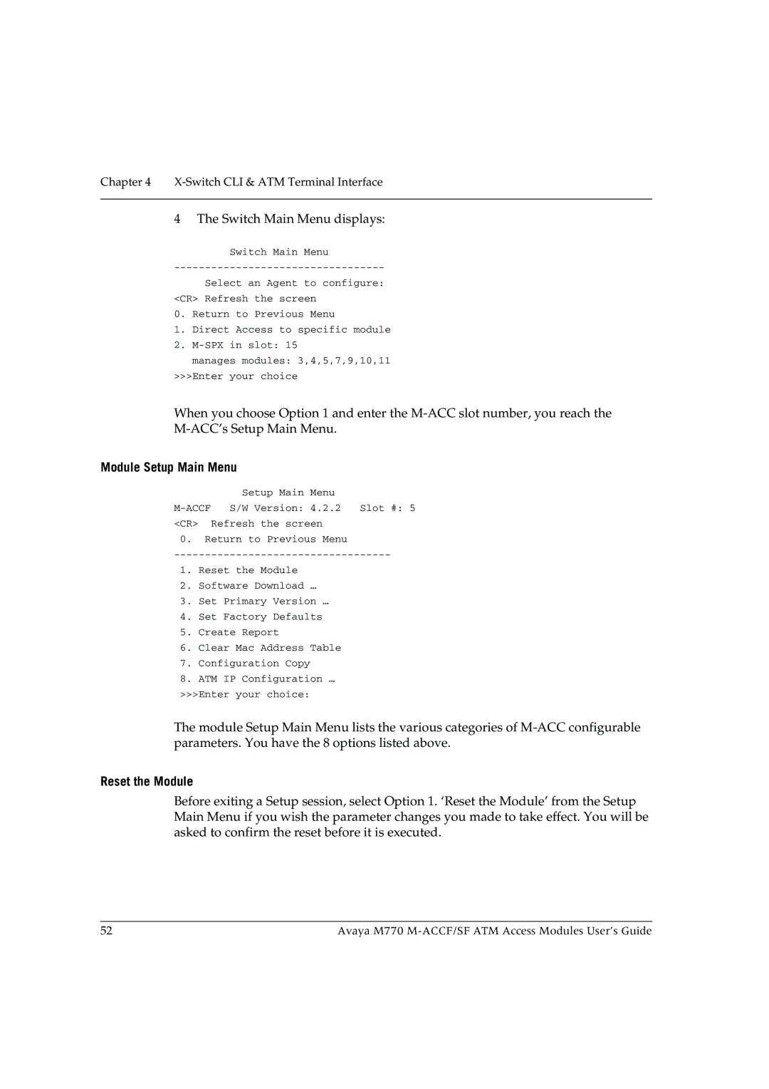 Avaya M-ACCF/SF manual Module Setup Main Menu, Reset the Module 