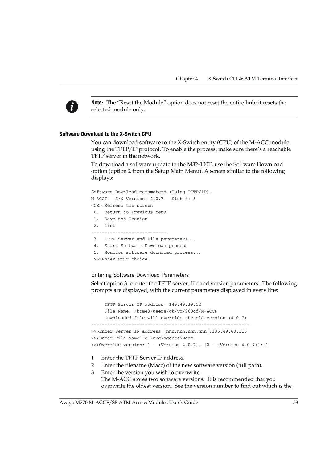 Avaya M-ACCF/SF manual Software Download to the X-Switch CPU, Entering Software Download Parameters 