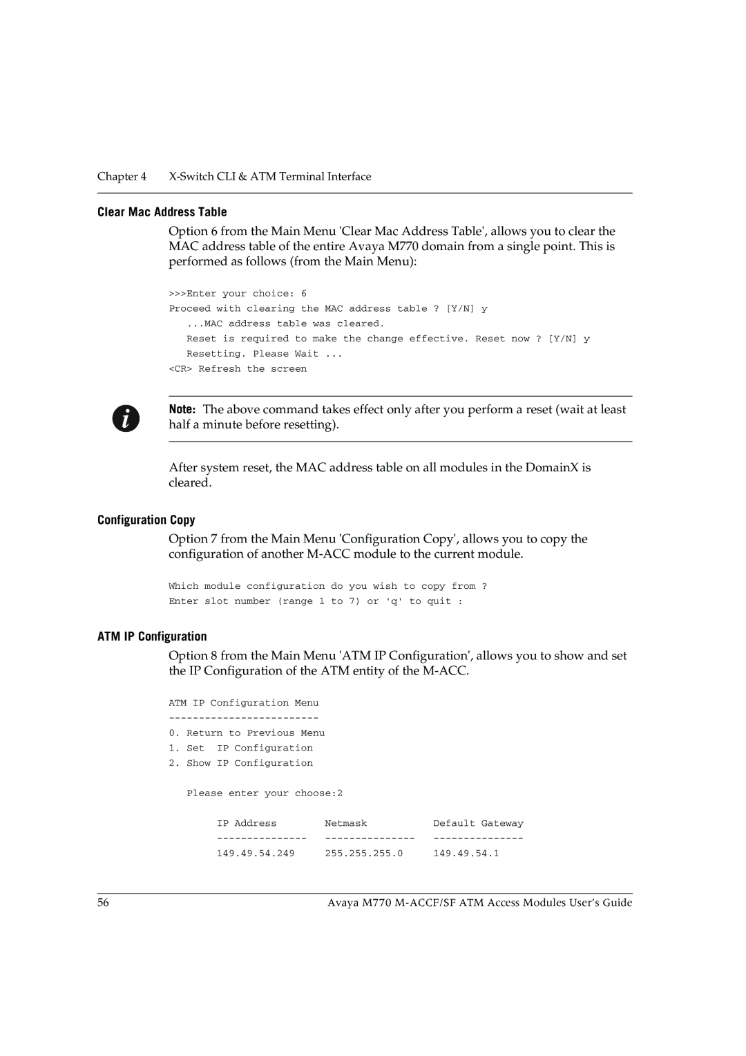 Avaya M-ACCF/SF manual Clear Mac Address Table, Configuration Copy 