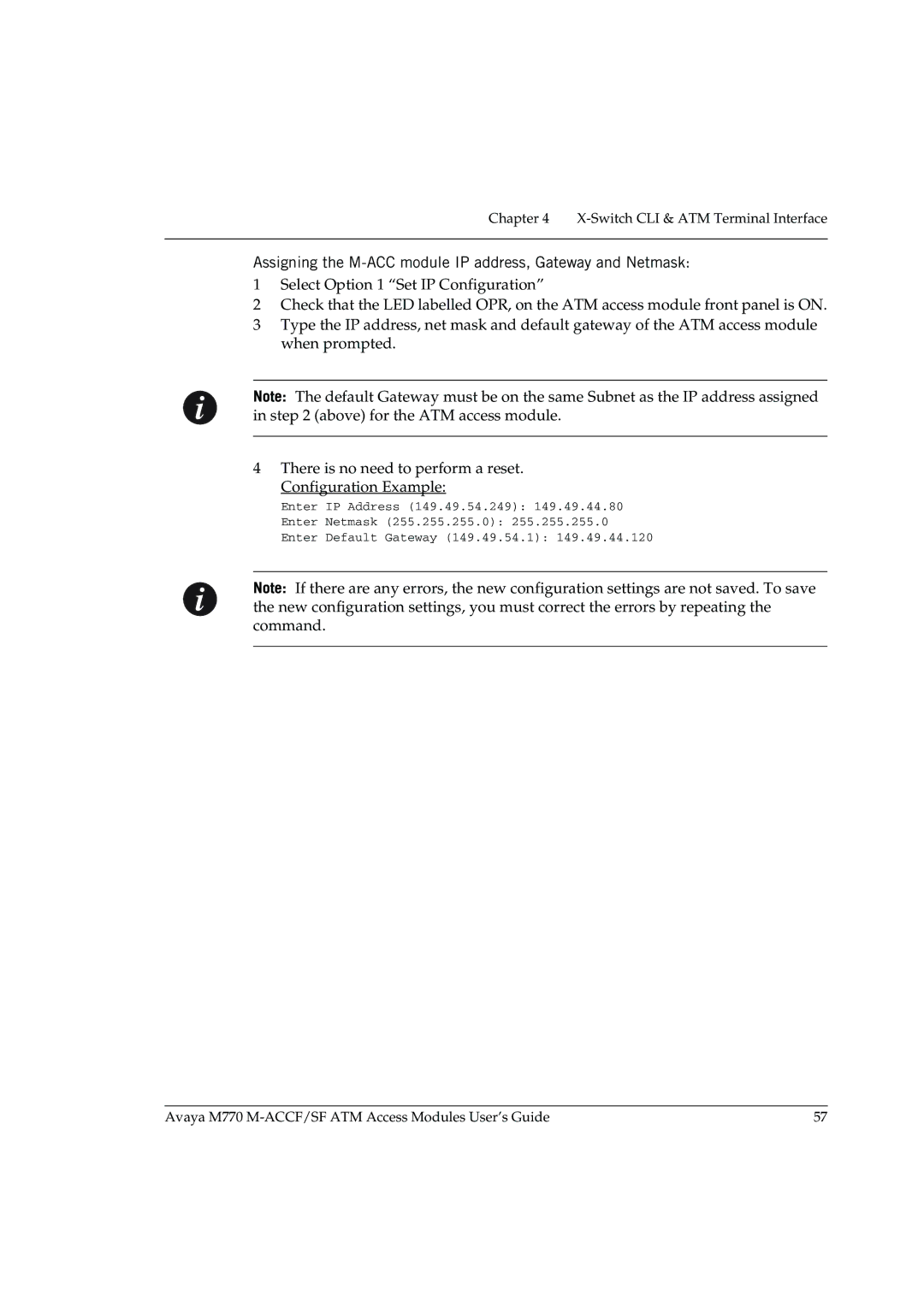 Avaya M-ACCF/SF manual Assigning the M-ACC module IP address, Gateway and Netmask 