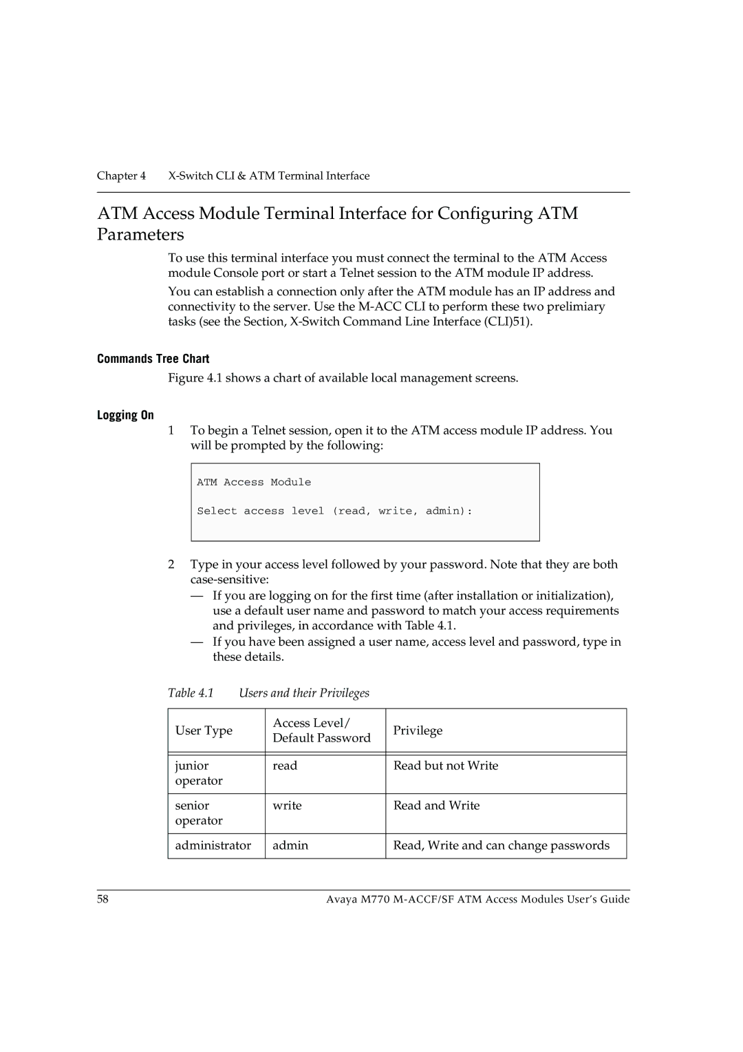 Avaya M-ACCF/SF manual Commands Tree Chart, Logging On 