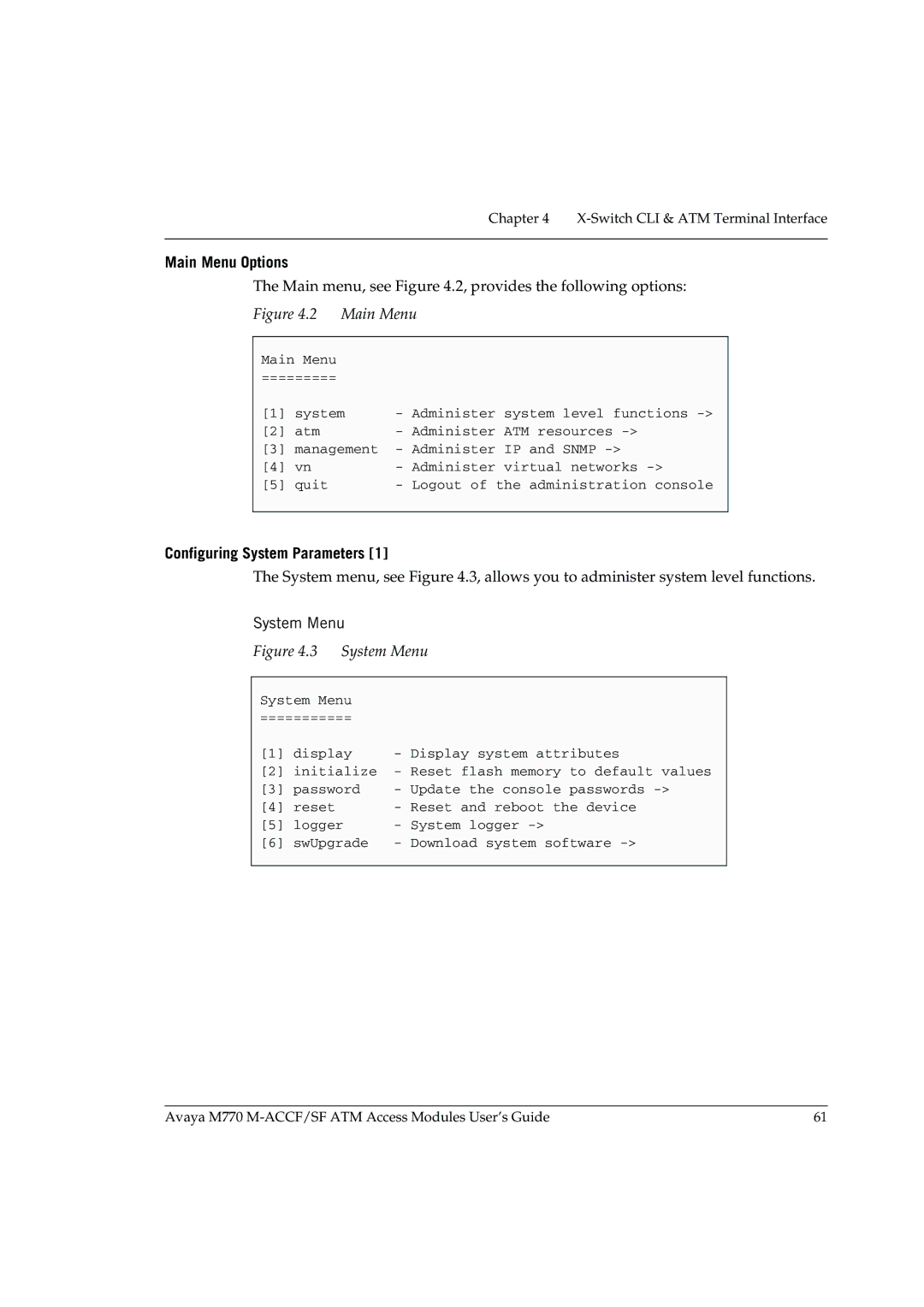 Avaya M-ACCF/SF manual Main Menu Options, Configuring System Parameters, System Menu 