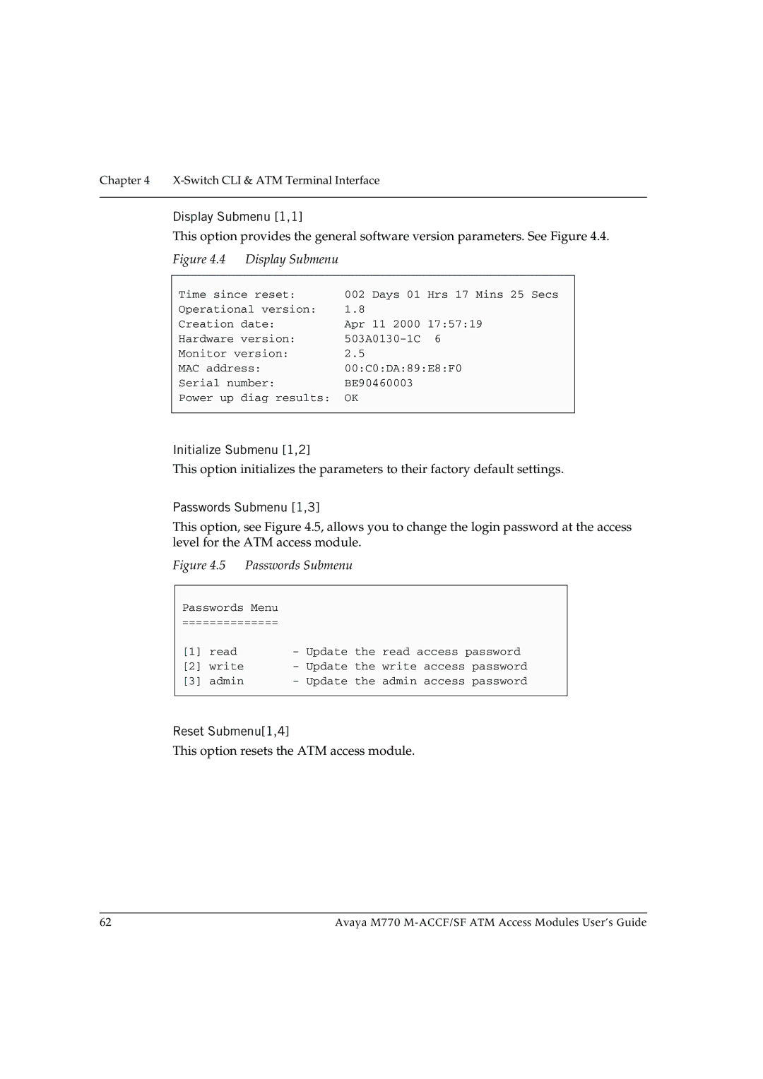 Avaya M-ACCF/SF manual Display Submenu 1,1, Initialize Submenu 1,2, Passwords Submenu 1,3, Reset Submenu1,4 