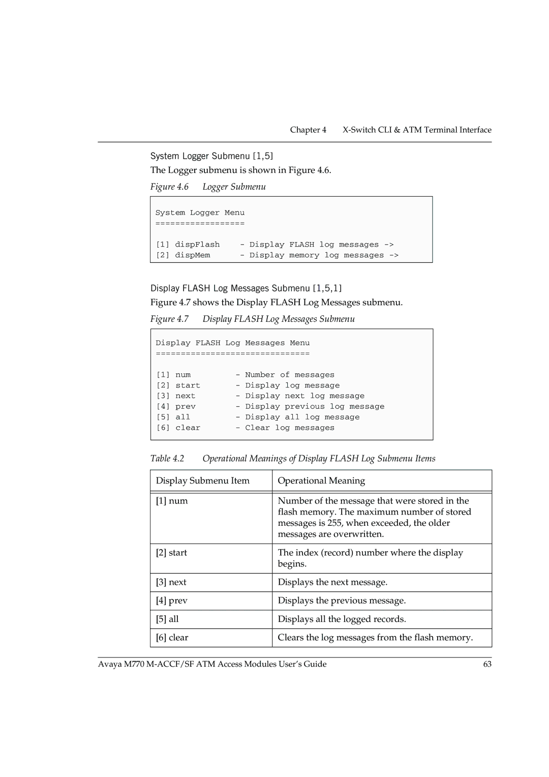 Avaya M-ACCF/SF manual System Logger Submenu 1,5, Display Flash Log Messages Submenu 1,5,1 