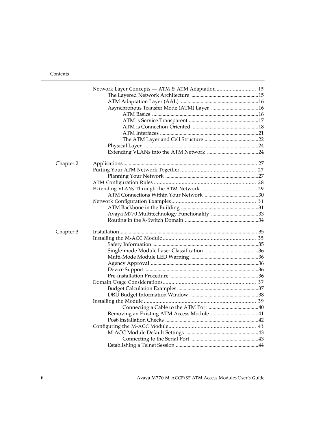 Avaya M-ACCF/SF manual Contents 