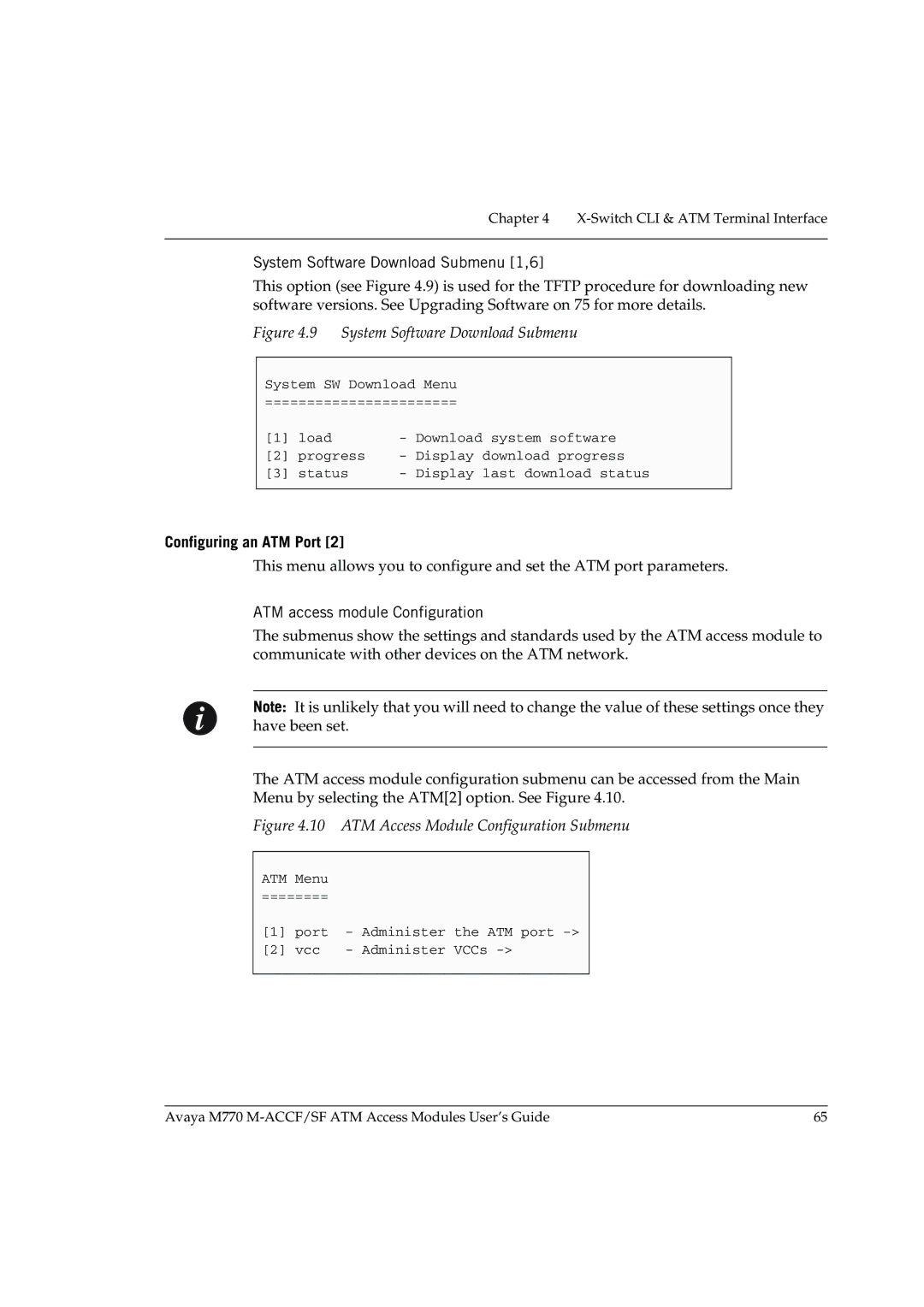 Avaya M-ACCF/SF manual System Software Download Submenu 1,6, Configuring an ATM Port, ATM access module Configuration 