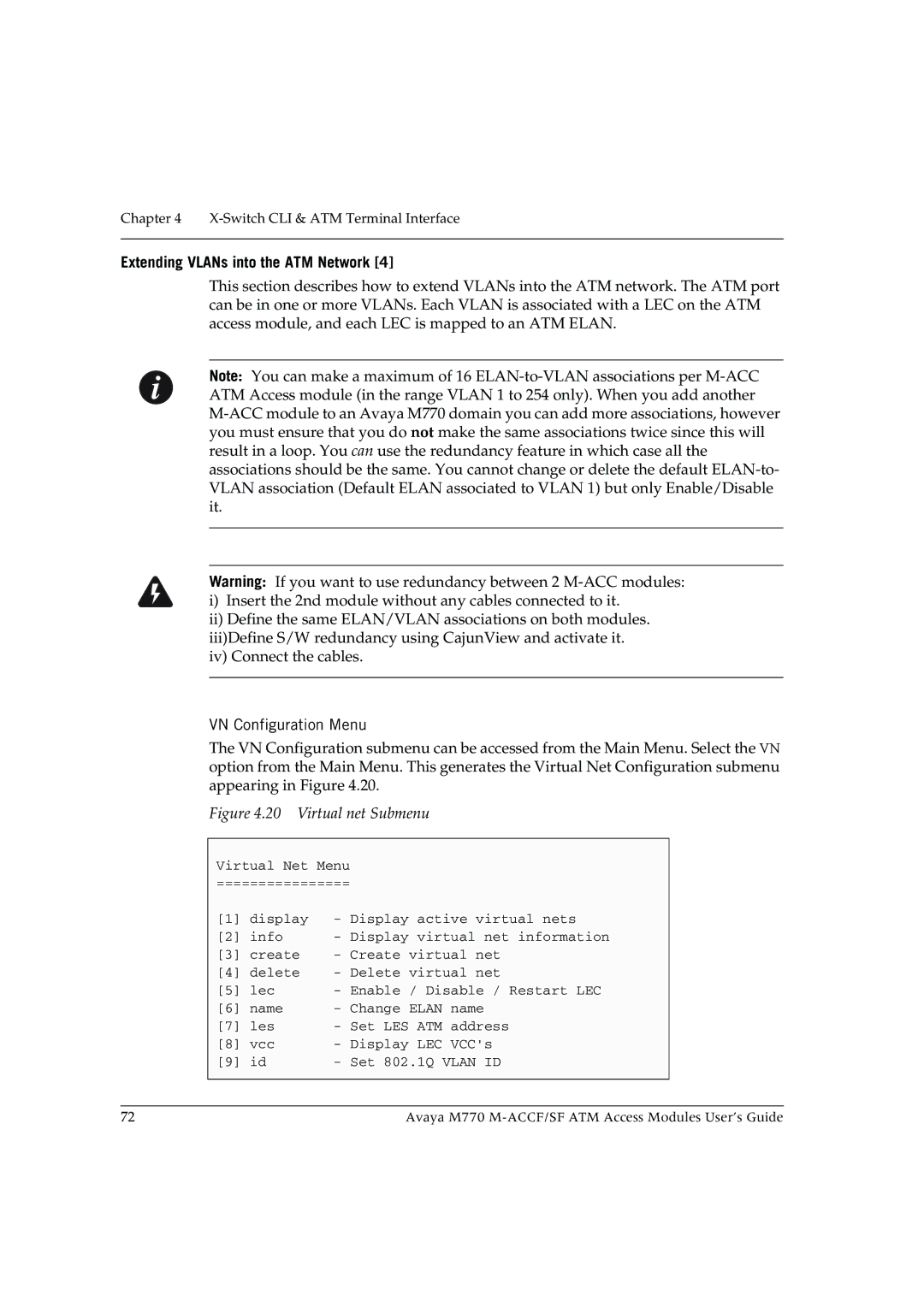 Avaya M-ACCF/SF manual VN Configuration Menu, Virtual net Submenu 