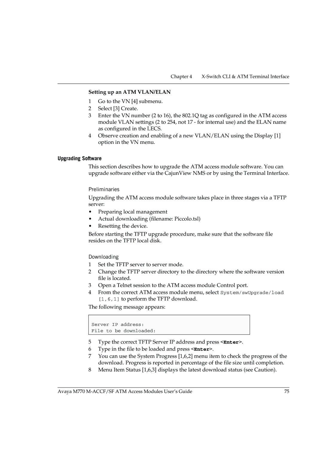 Avaya M-ACCF/SF manual Setting up an ATM VLAN/ELAN, Upgrading Software, Preliminaries, Downloading 