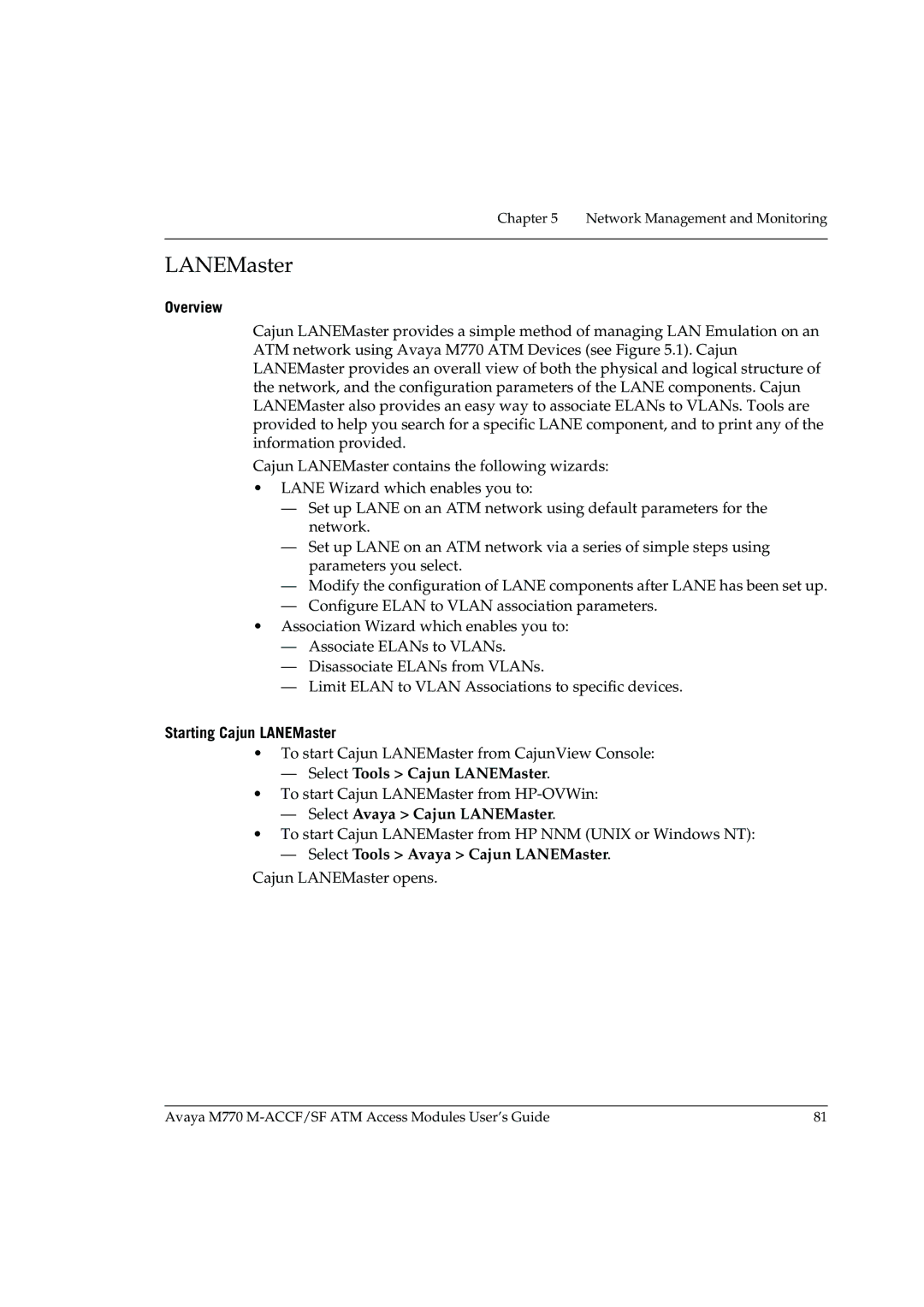 Avaya M-ACCF/SF manual Overview, Starting Cajun LANEMaster 